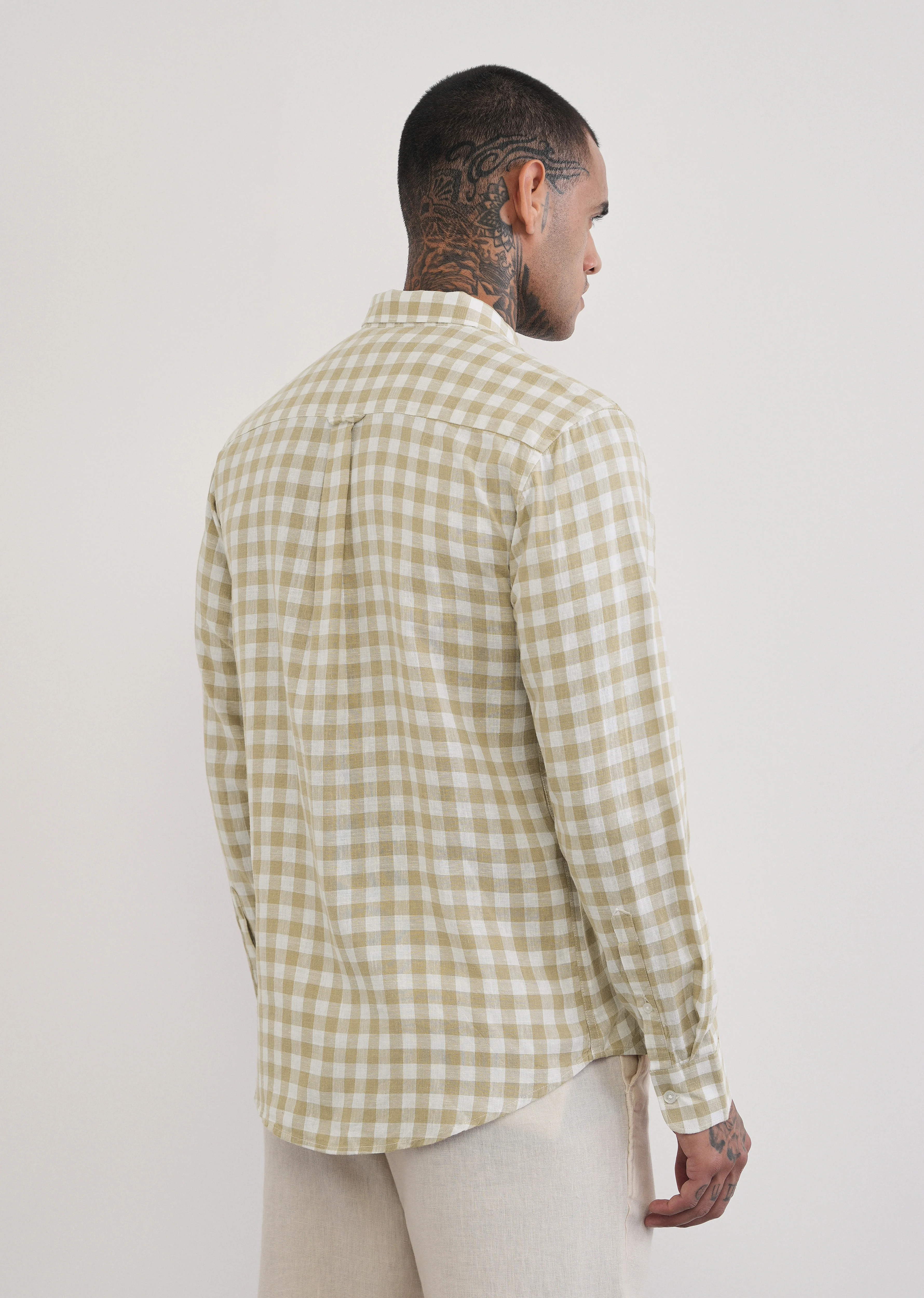 Beige Lyocell Linen Blend Check Shirt - Image 2