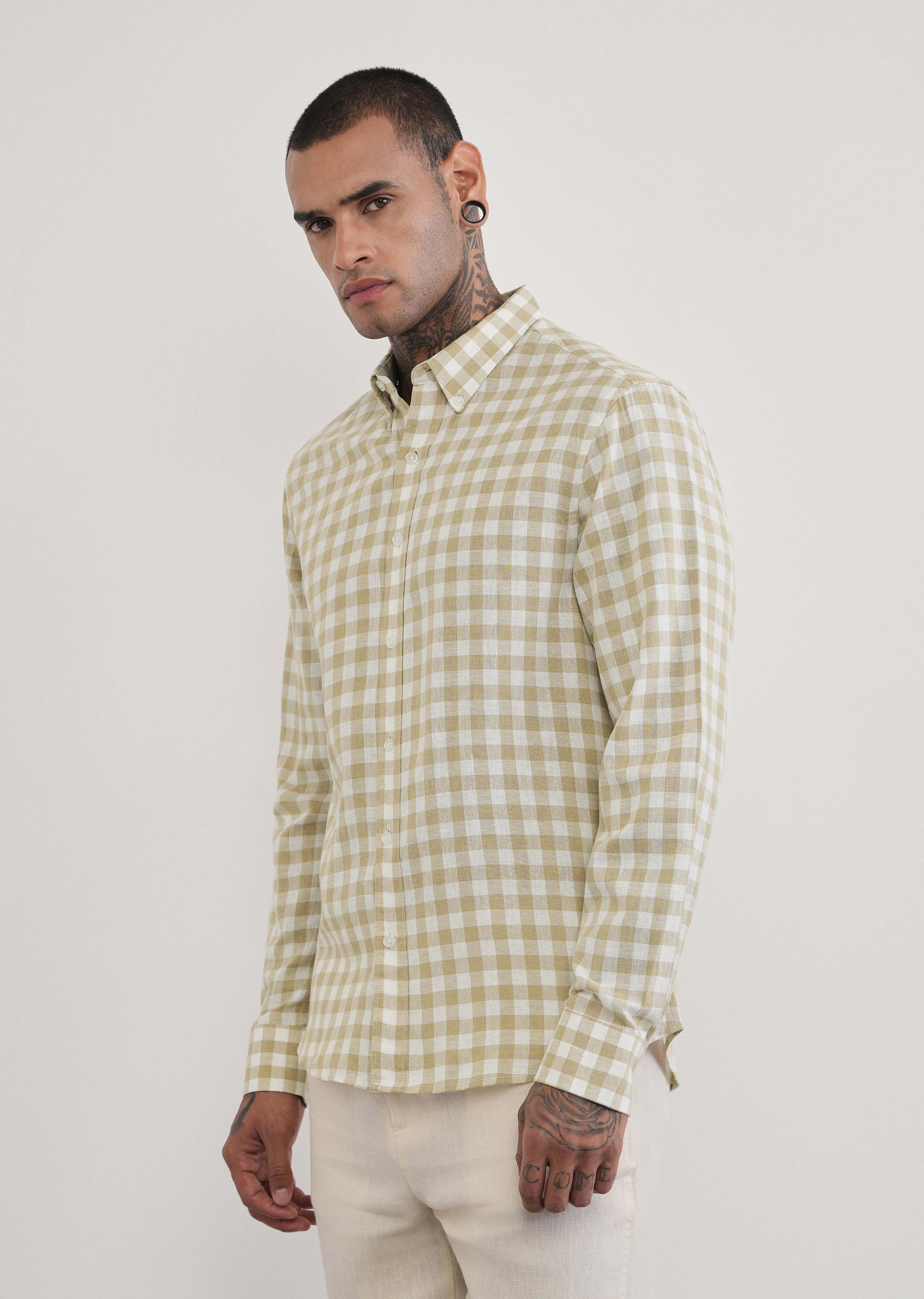 Beige Lyocell Linen Blend Check Shirt - Image 4