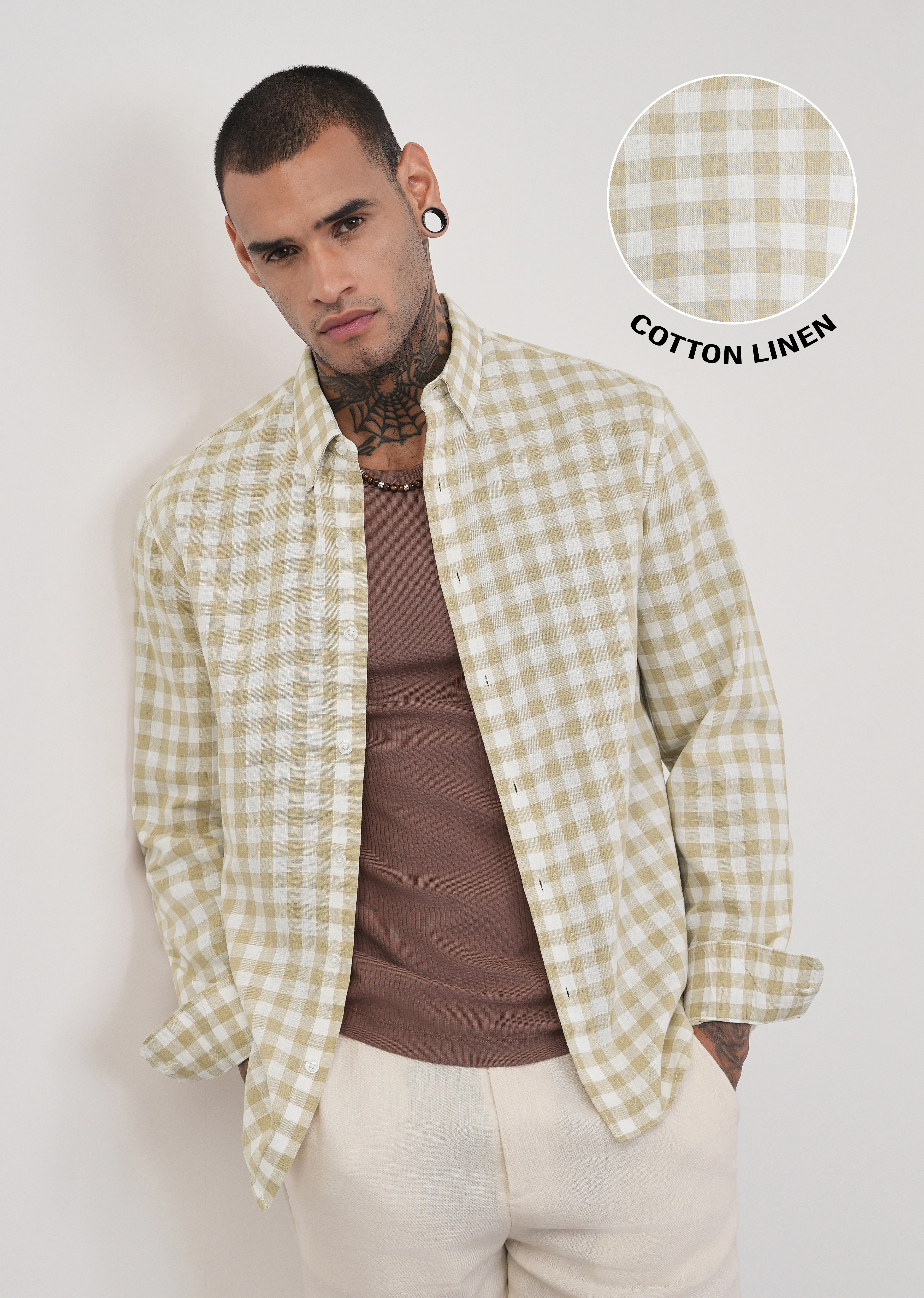 Beige Lyocell Linen Blend Check Shirt - Image 7