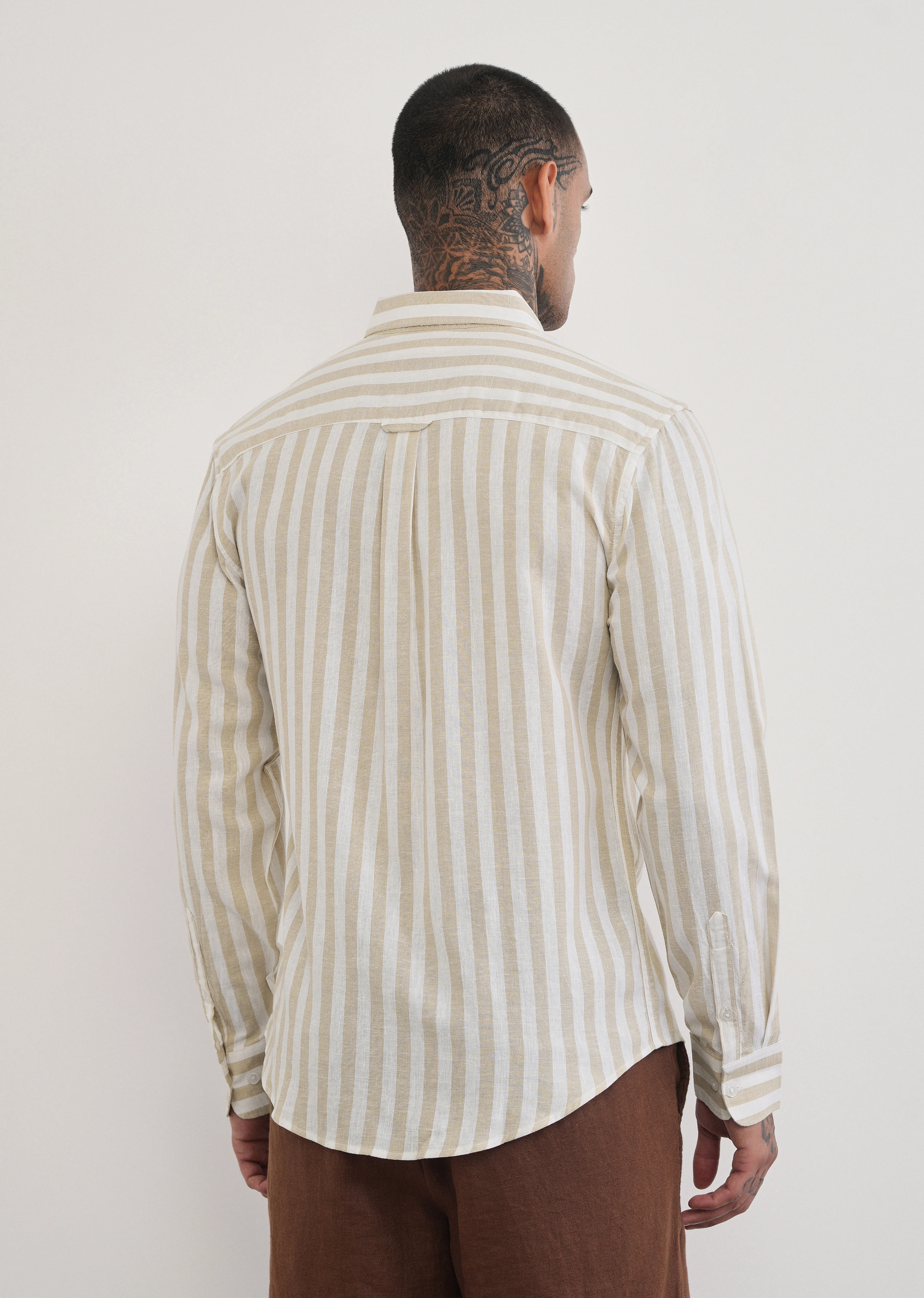 Beige Lyocell Linen Blend Stripe Shirt - Image 2