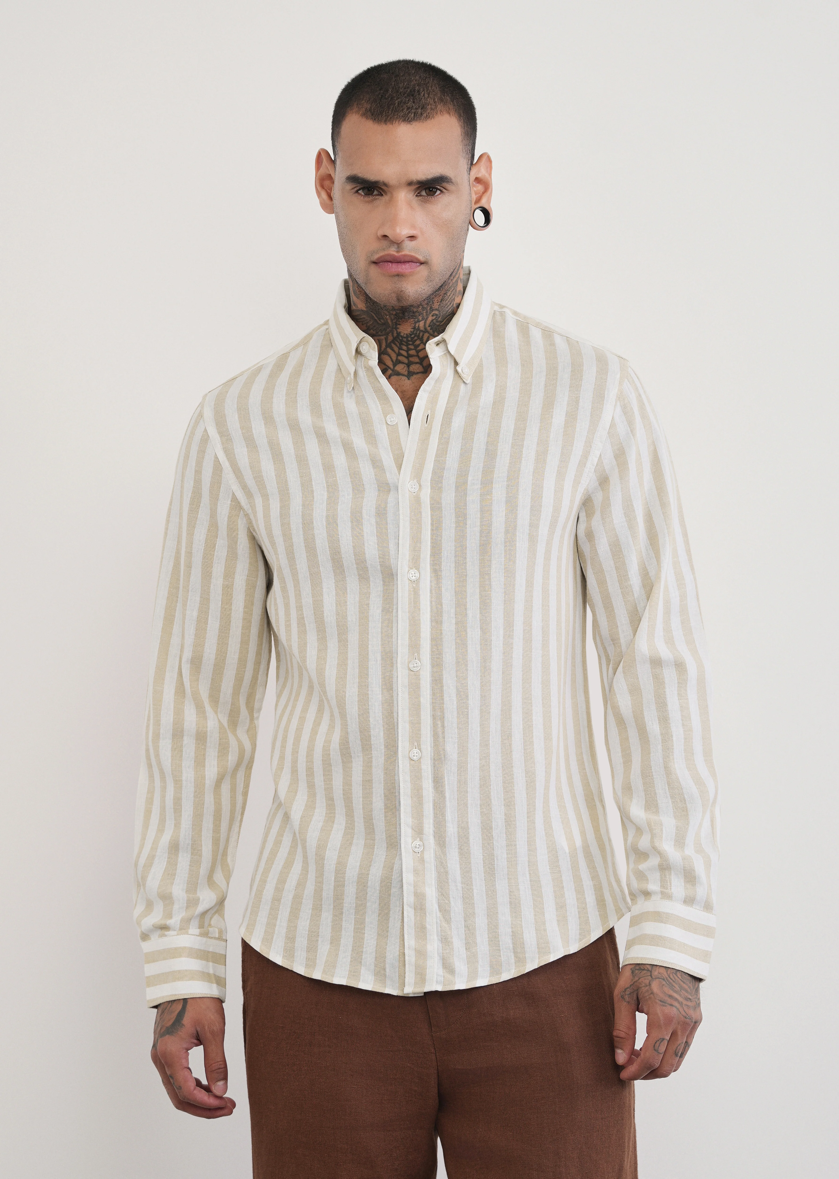 Beige Lyocell Linen Blend Stripe Shirt - Image 3