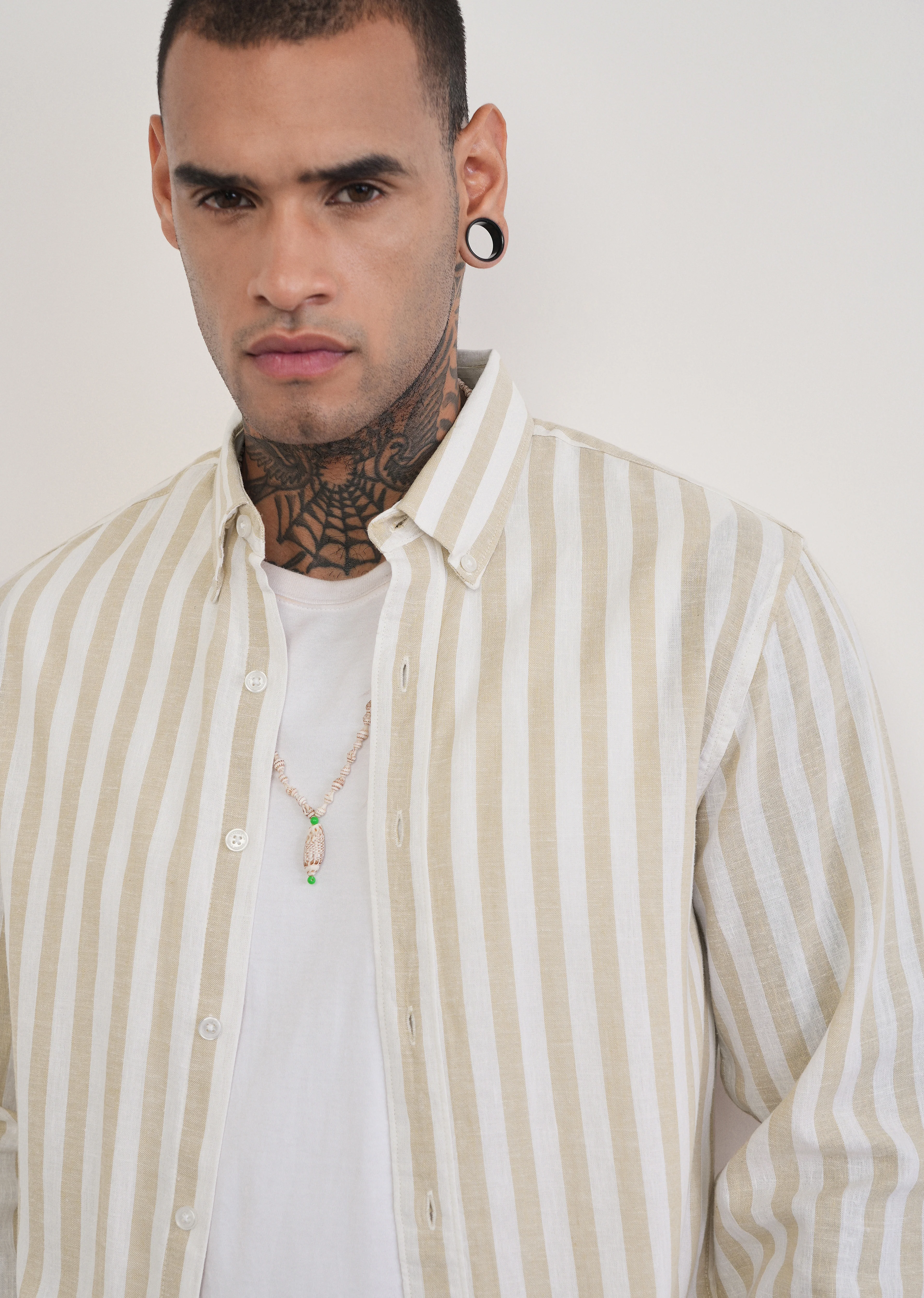Beige Lyocell Linen Blend Stripe Shirt - Image 5