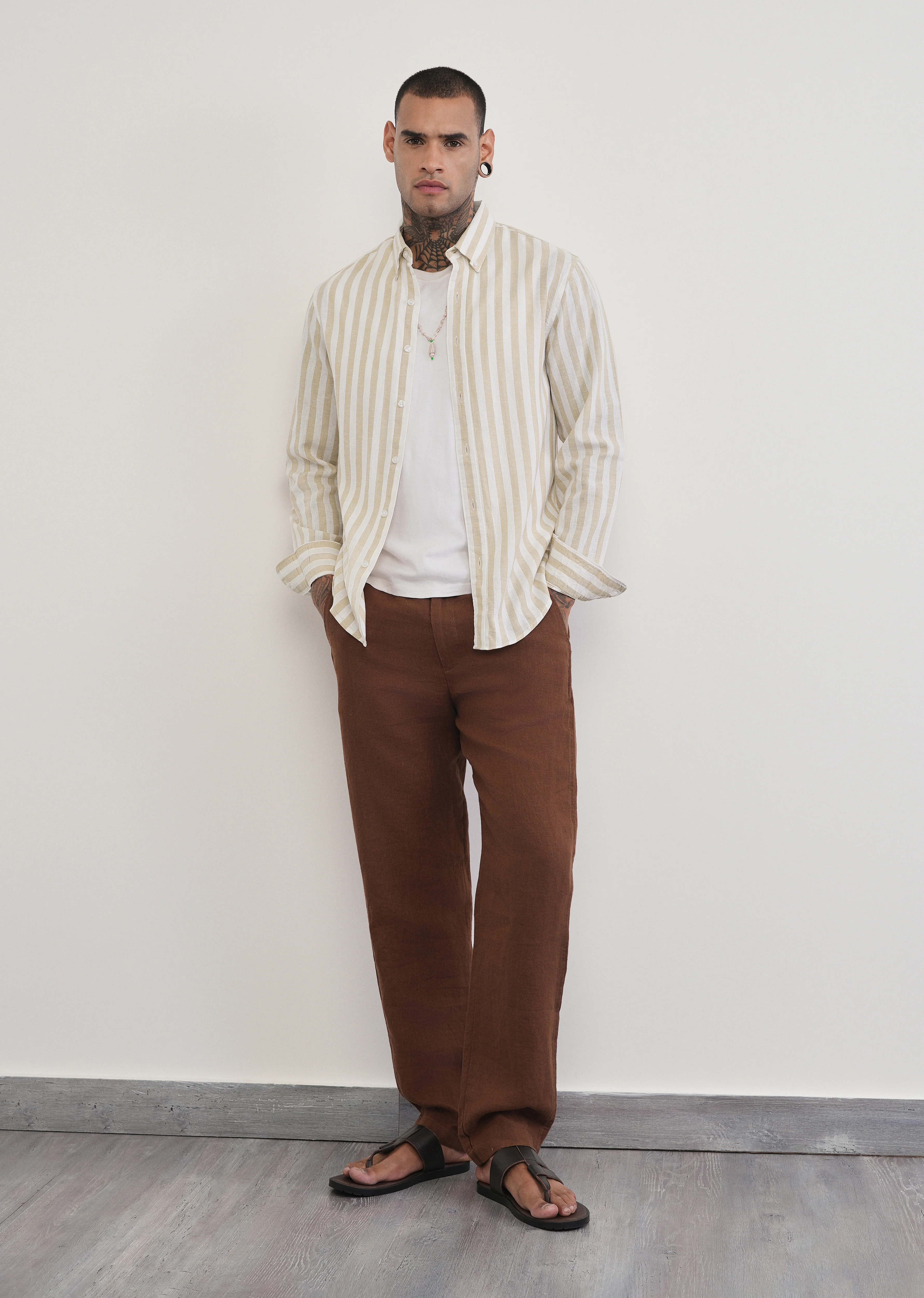 Beige Lyocell Linen Blend Stripe Shirt - Image 6