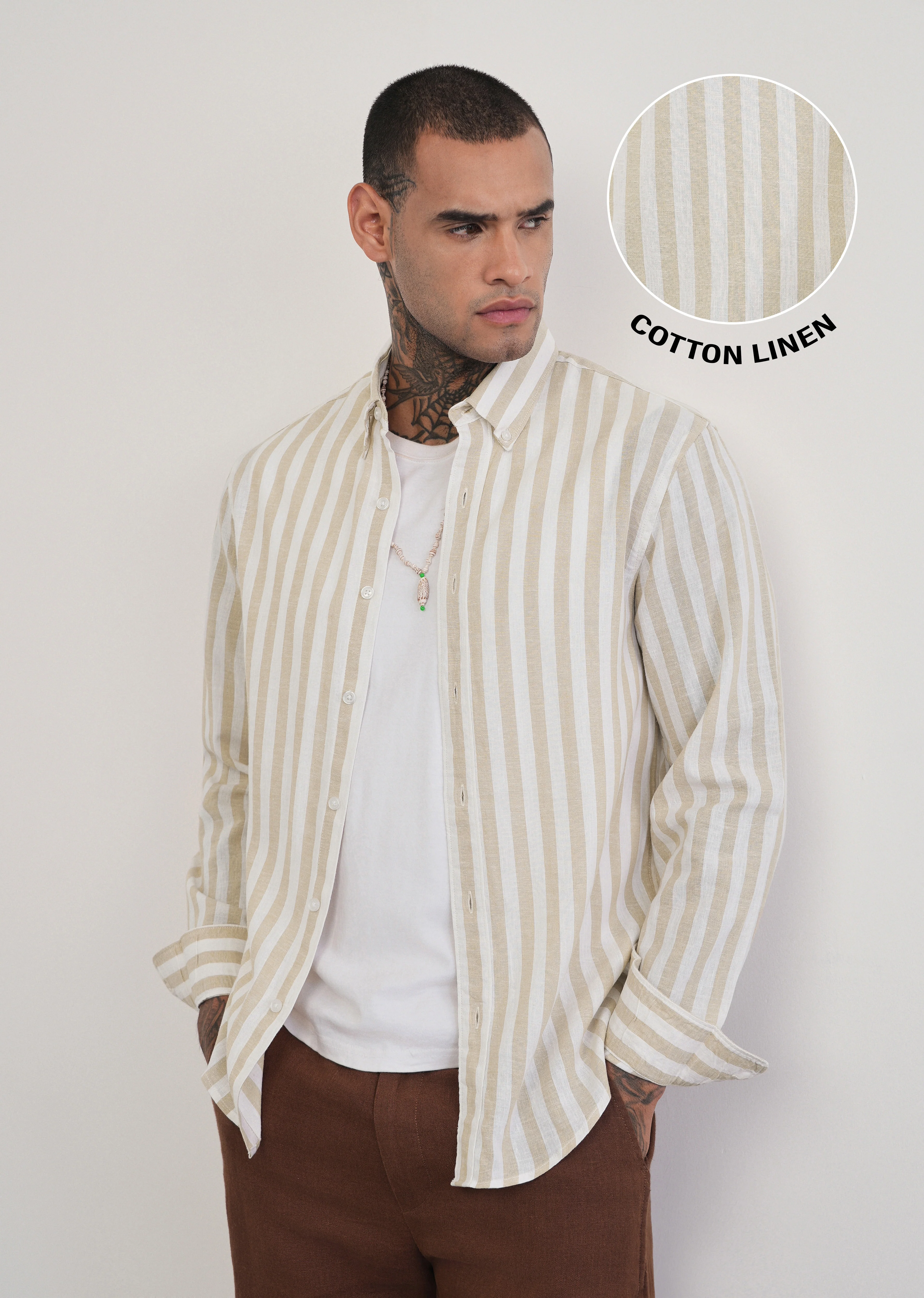 Beige Lyocell Linen Blend Stripe Shirt - Image 7