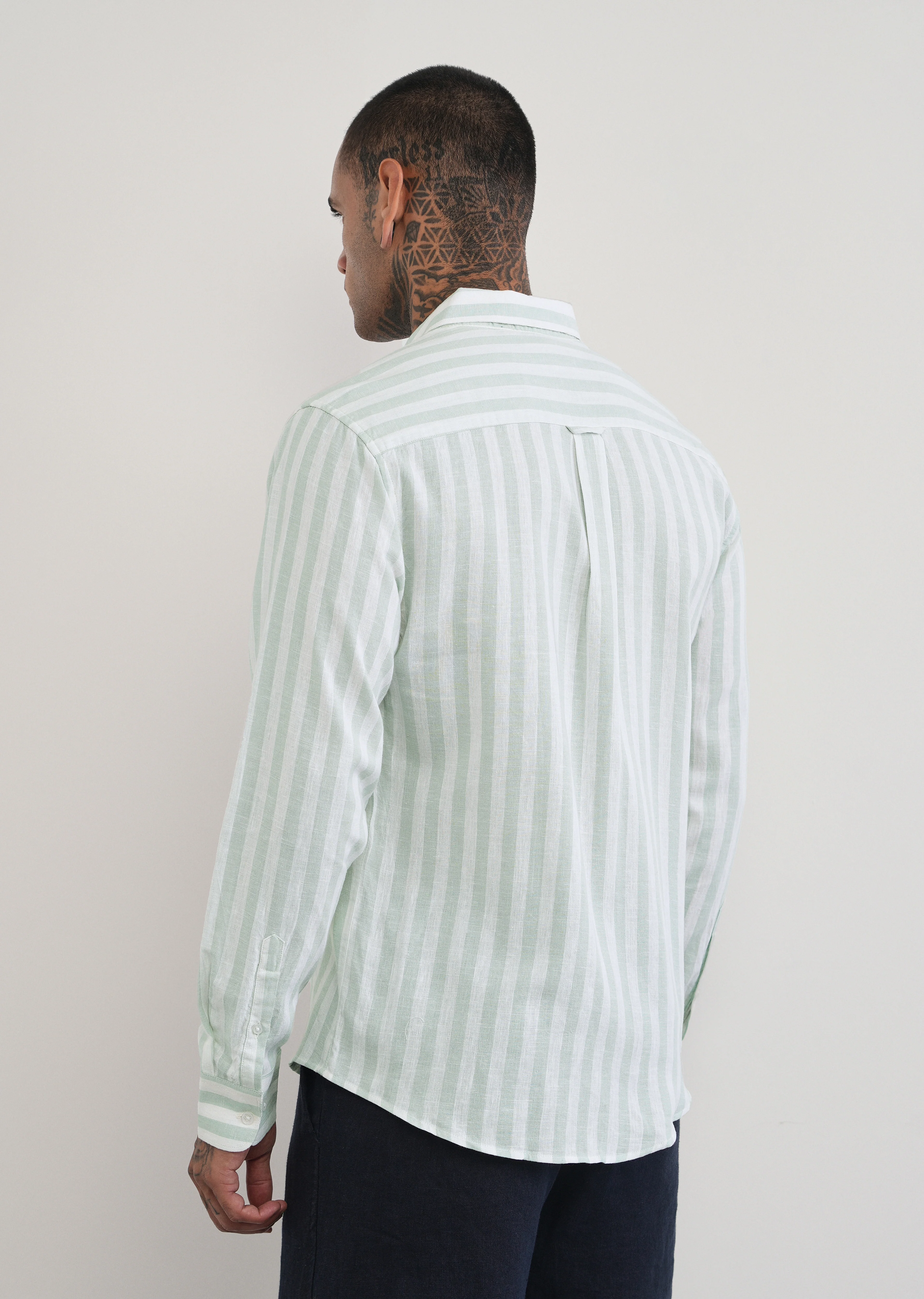 Green Lyocell Linen Blend Stripe Shirt - Image 2