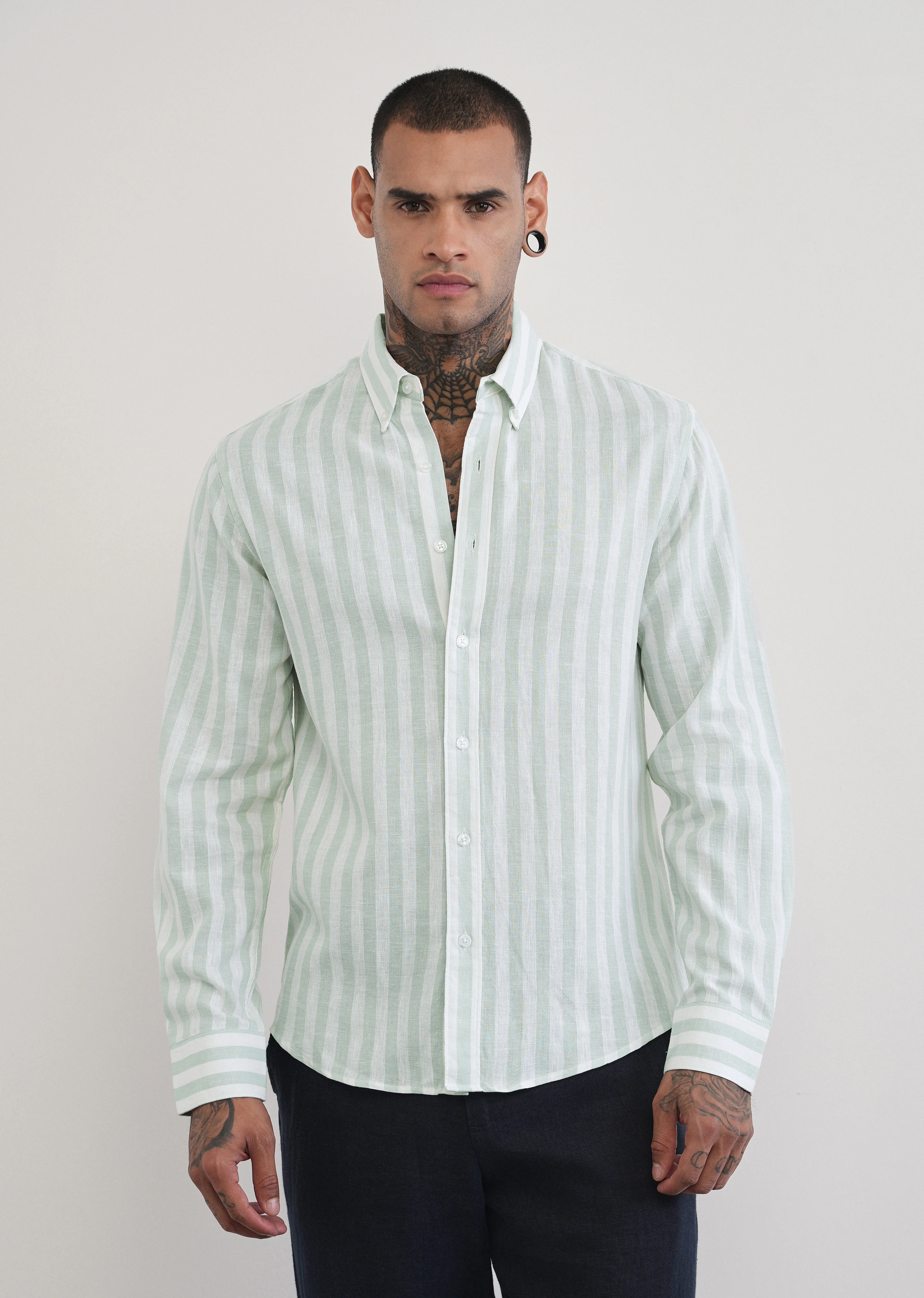 Green Lyocell Linen Blend Stripe Shirt - Image 3