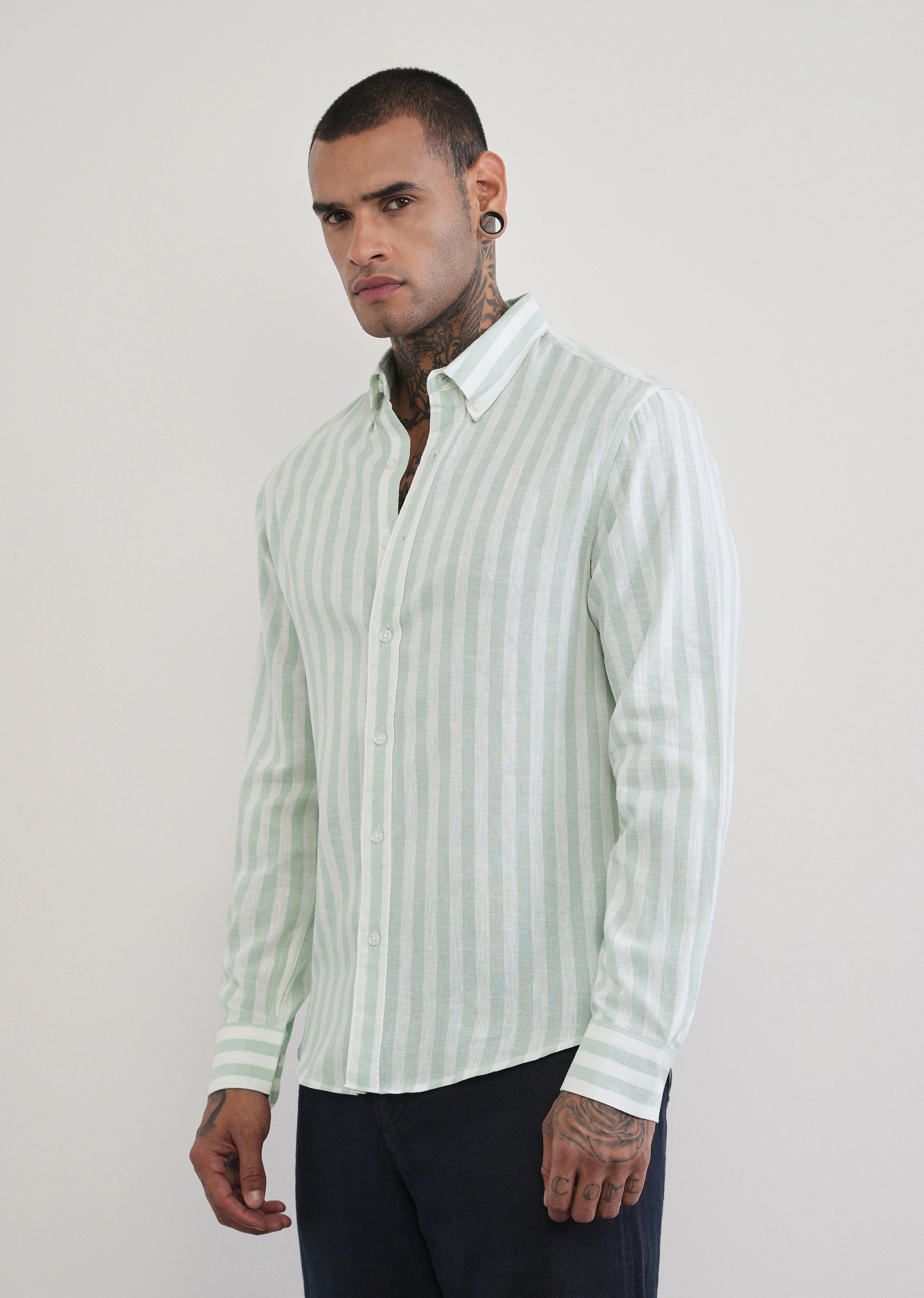 Green Lyocell Linen Blend Stripe Shirt - Image 4