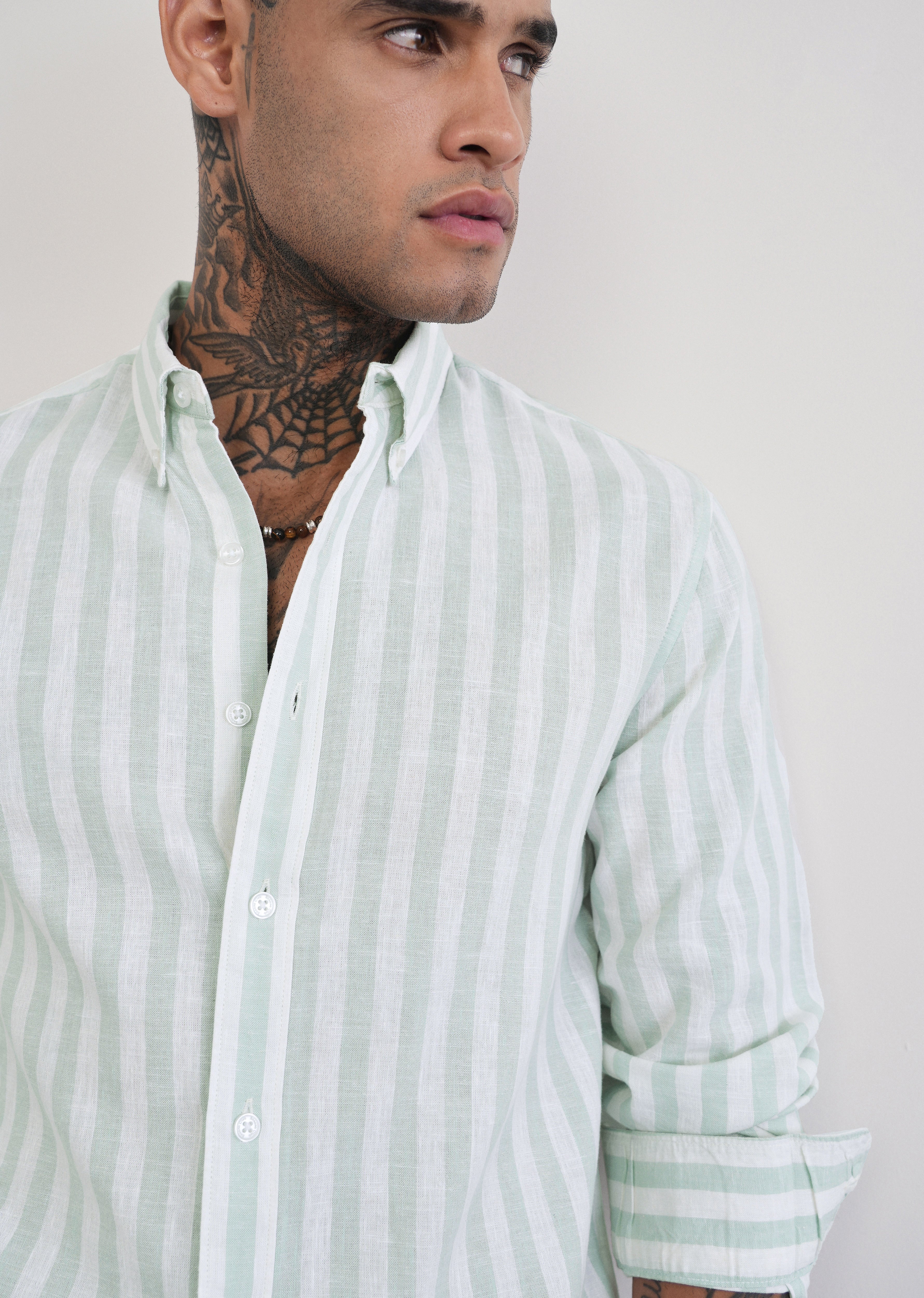 Green Lyocell Linen Blend Stripe Shirt - Image 5