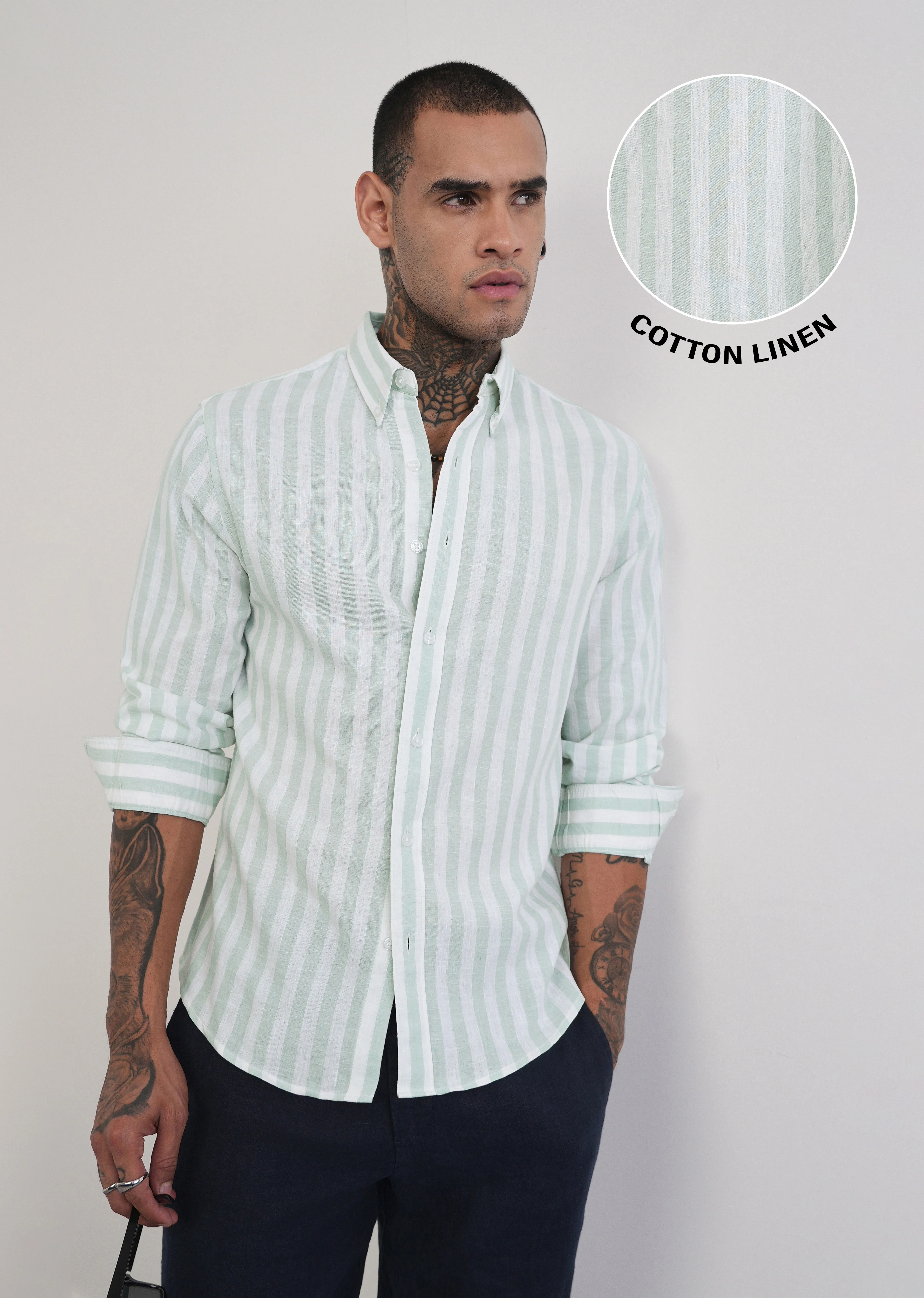 Green Lyocell Linen Blend Stripe Shirt - Image 7