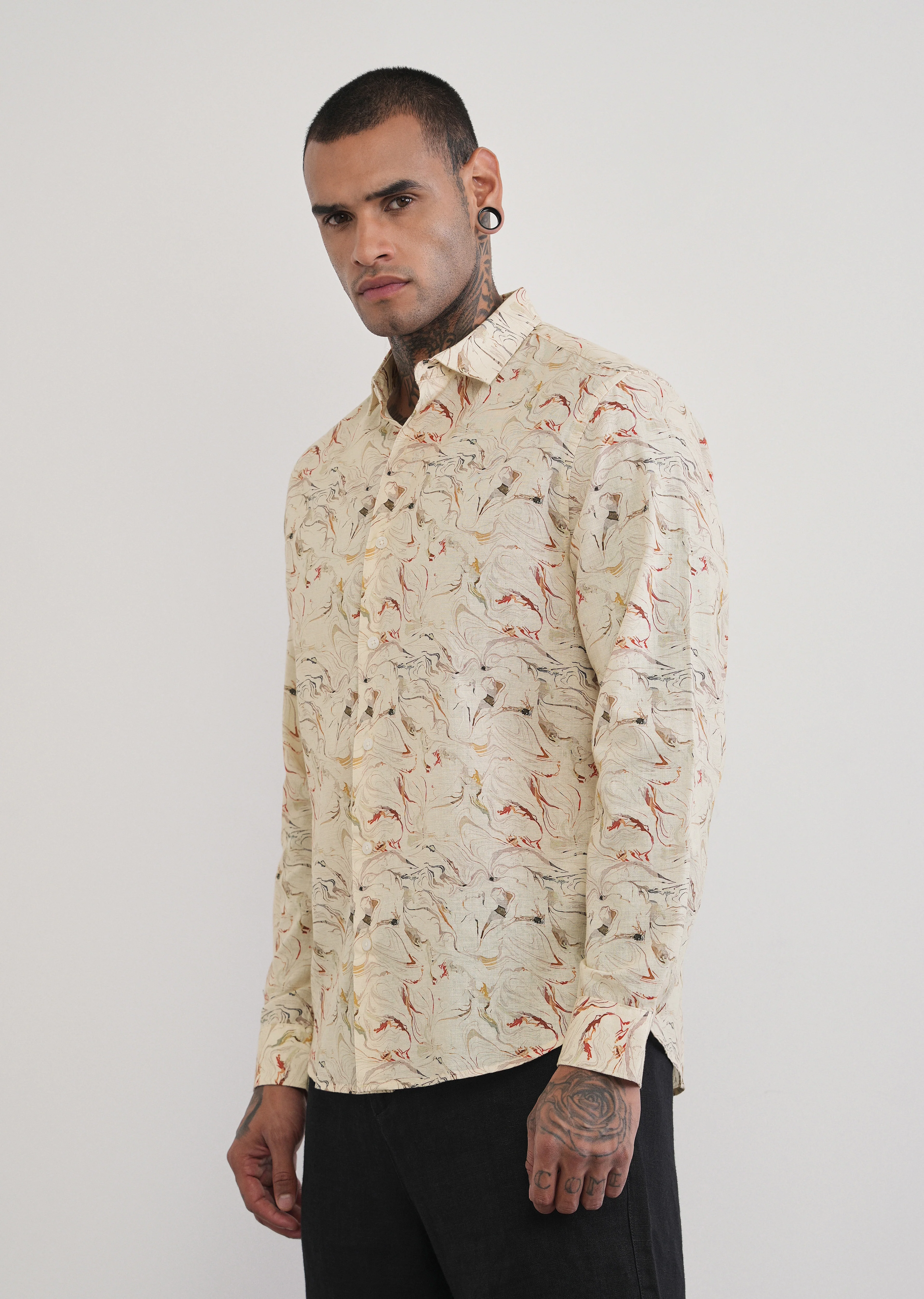 Beige Marble Print Cotton Linen Shirt - Image 4