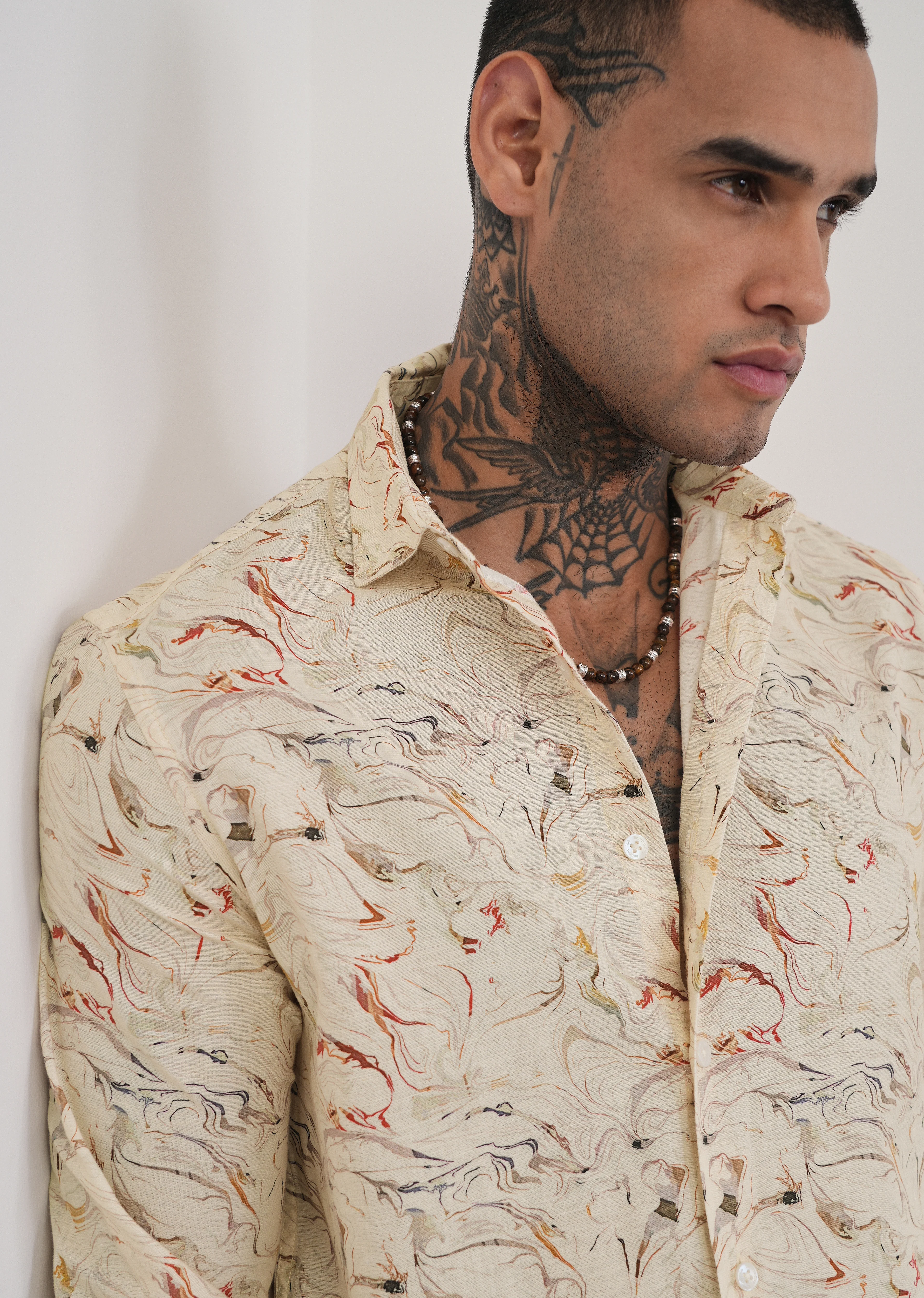 Beige Marble Print Cotton Linen Shirt - Image 5