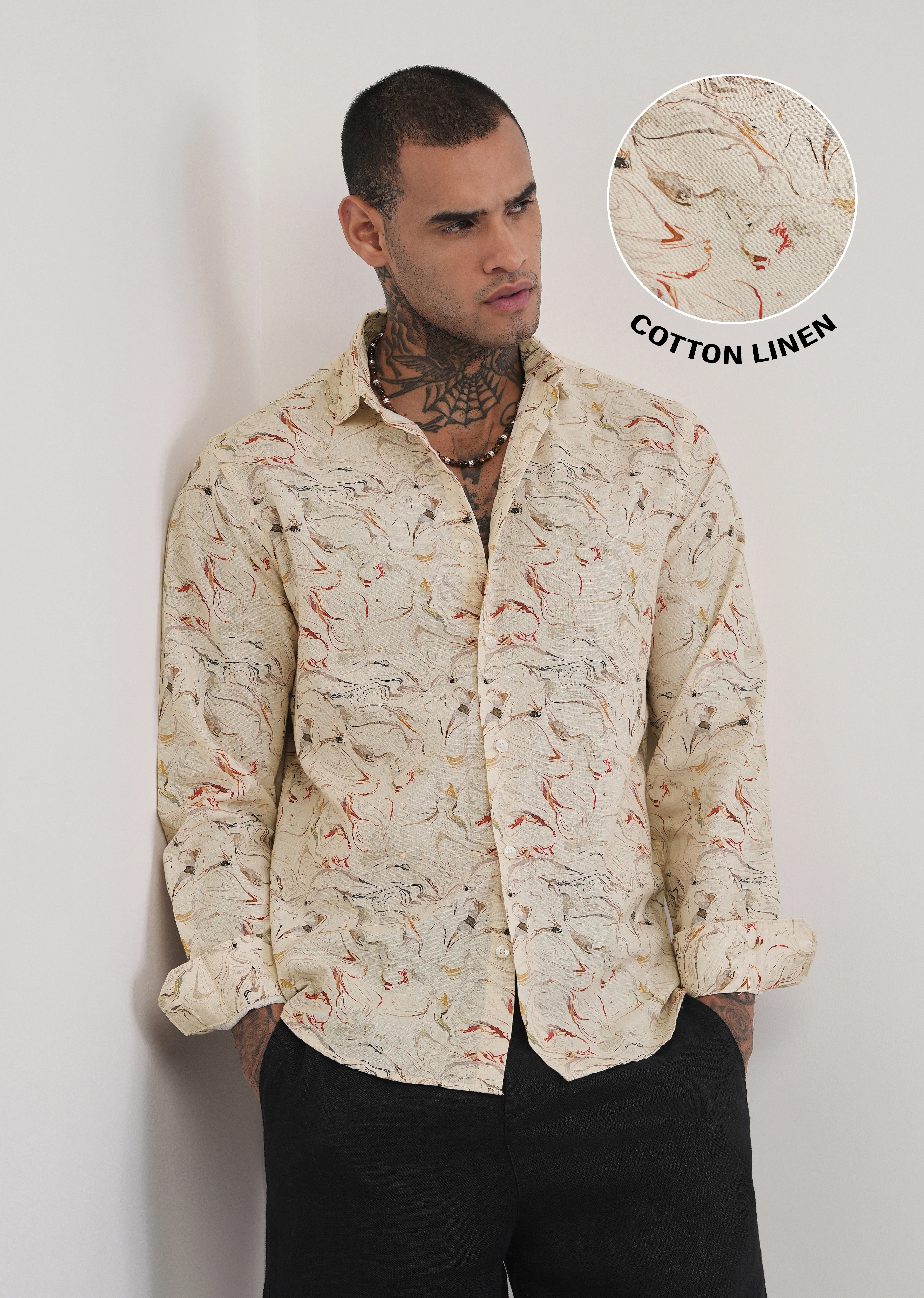 Beige Marble Print Cotton Linen Shirt - Image 7