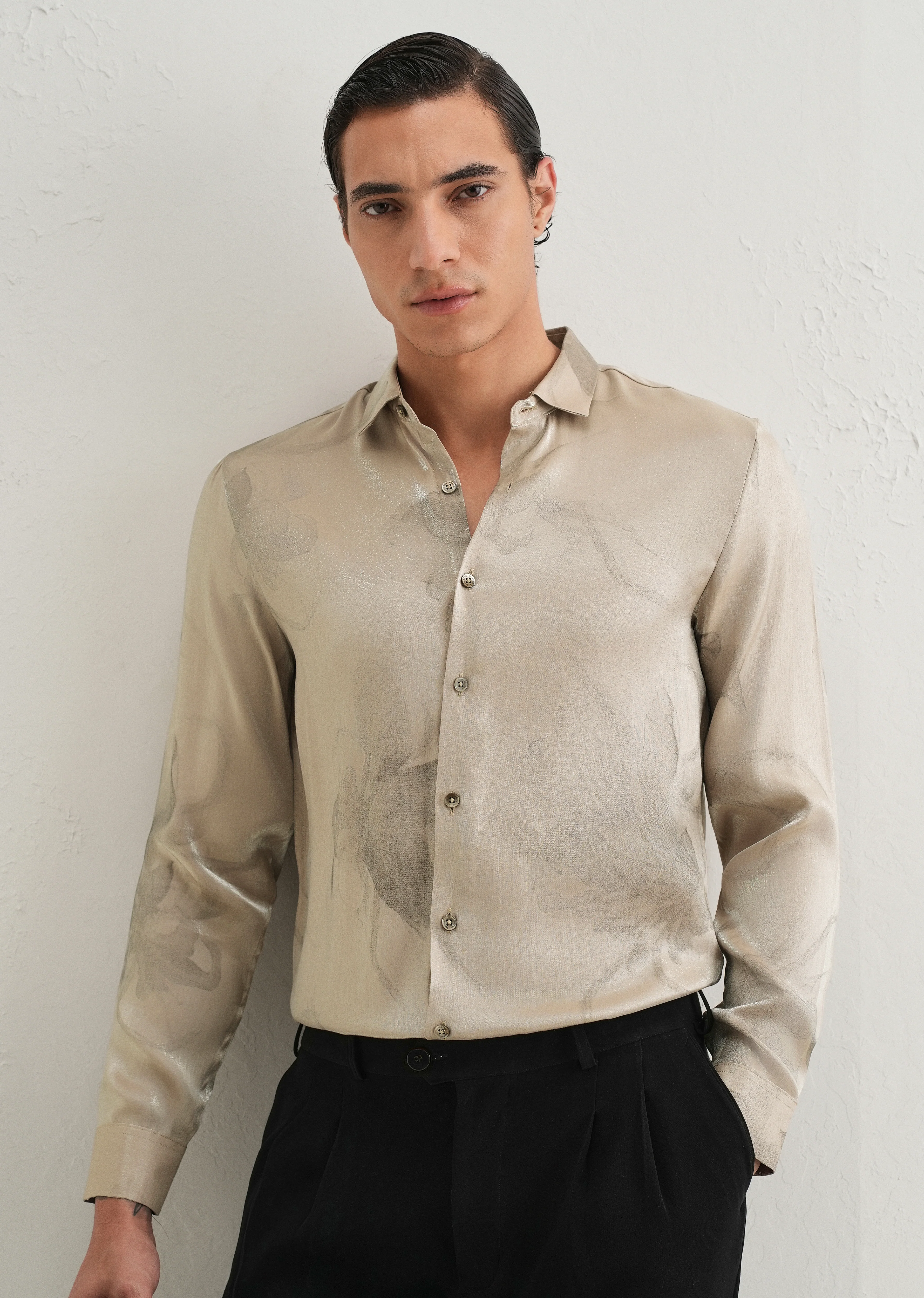 Beige Metallic Sheen-Look Printed Shirt - Image 7