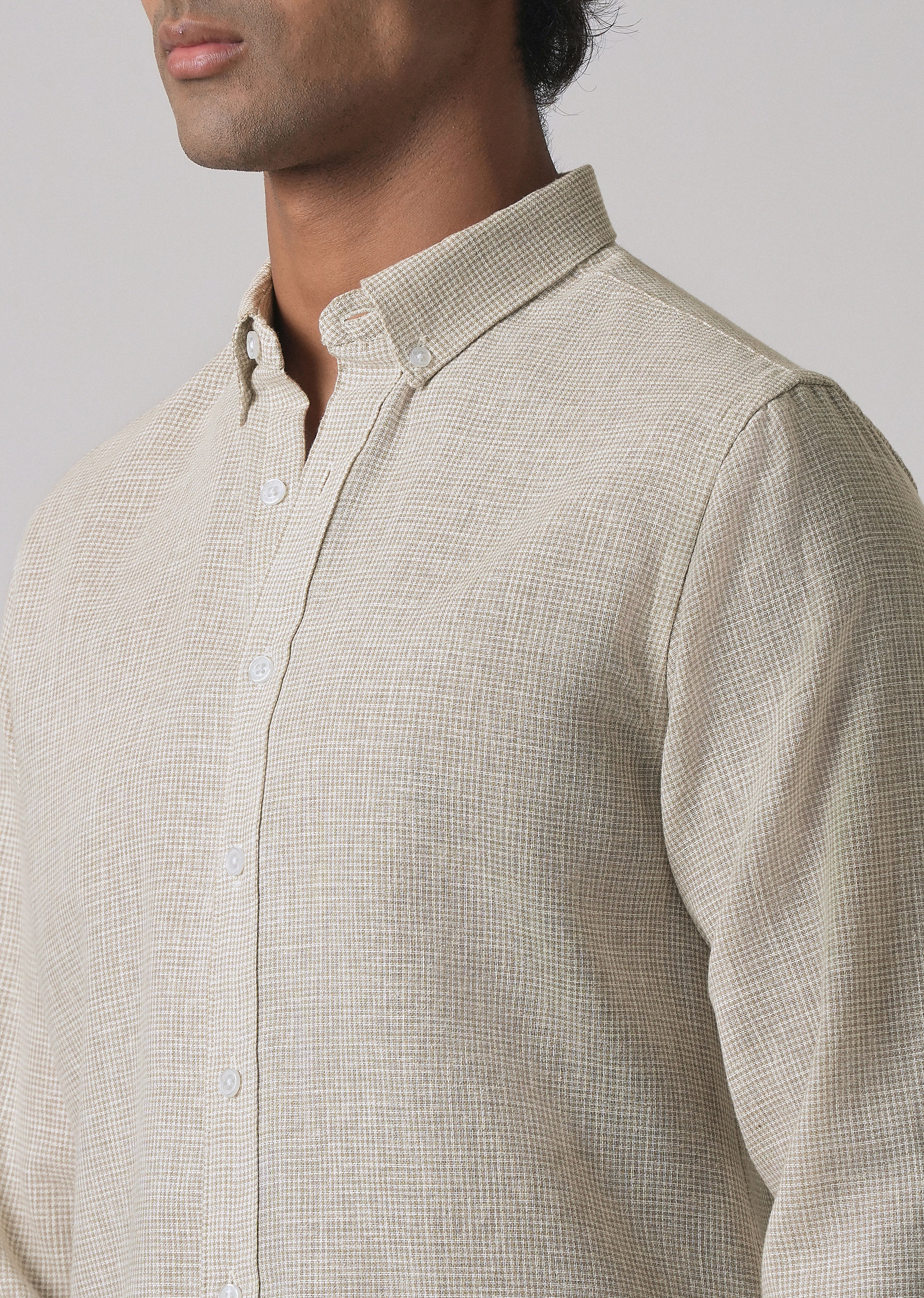 Beige Micro Checks Blended Cotton Shirt - Image 2