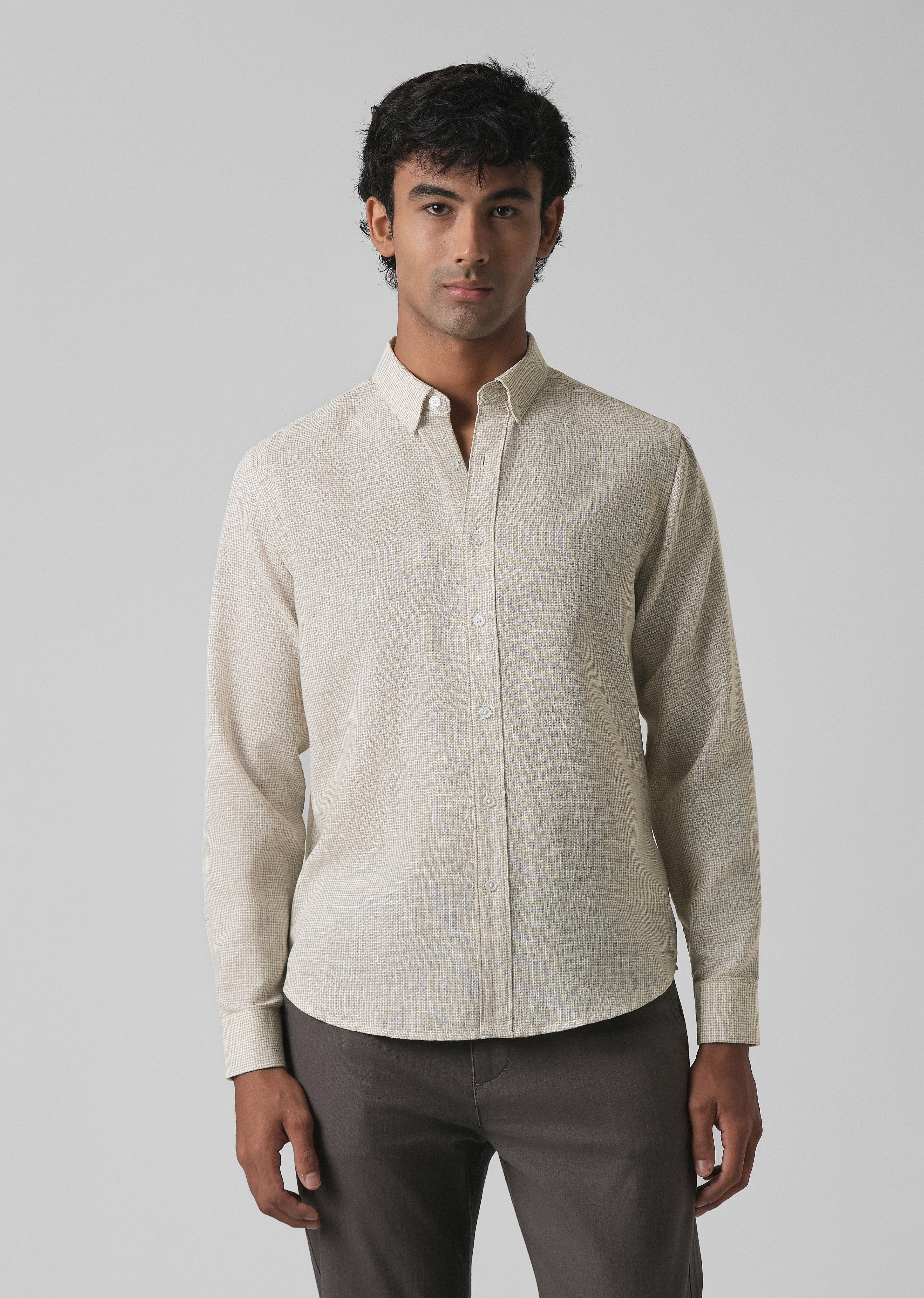 Beige Micro Checks Blended Cotton Shirt - Image 4