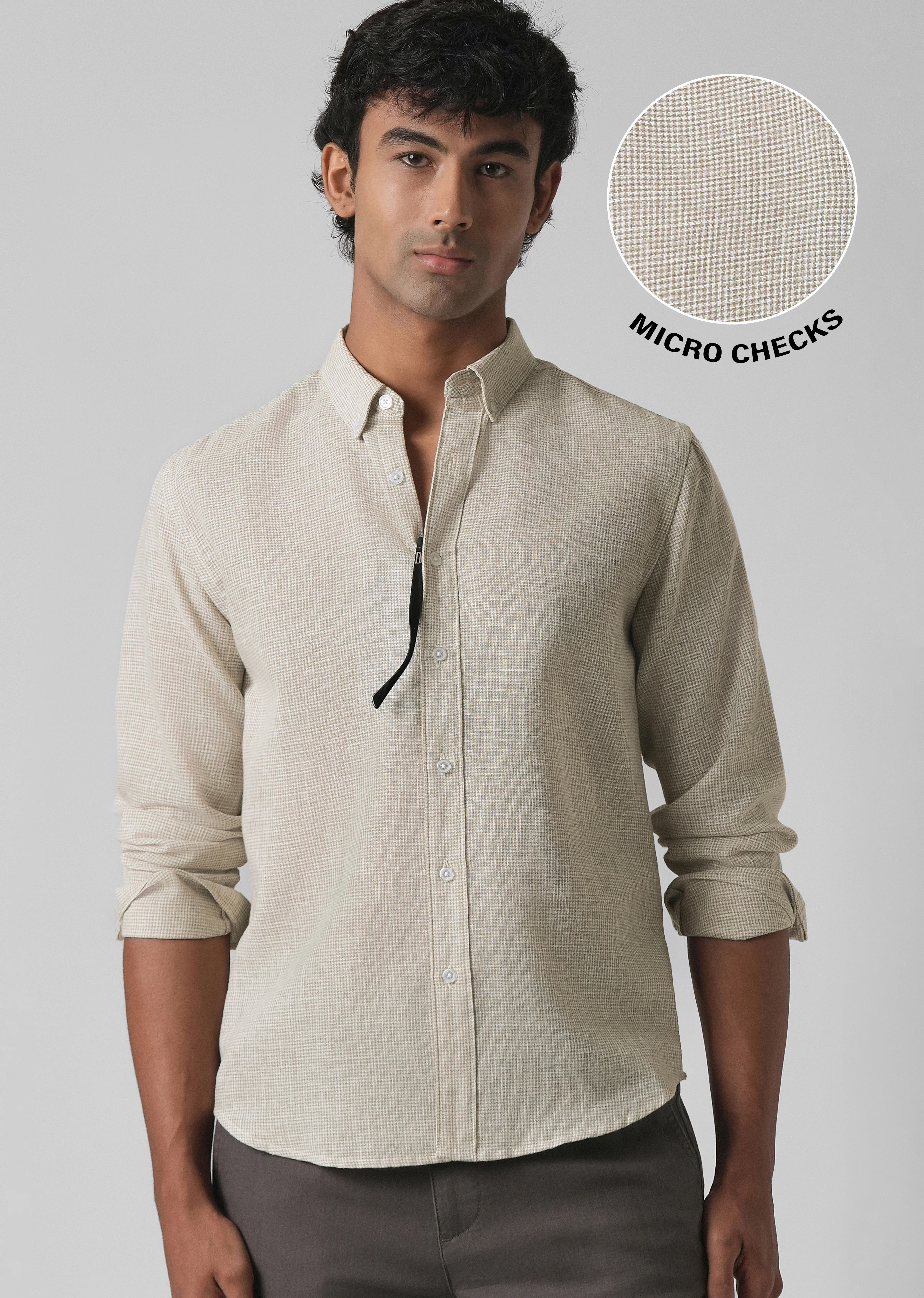 Beige Micro Checks Blended Cotton Shirt - Image 7