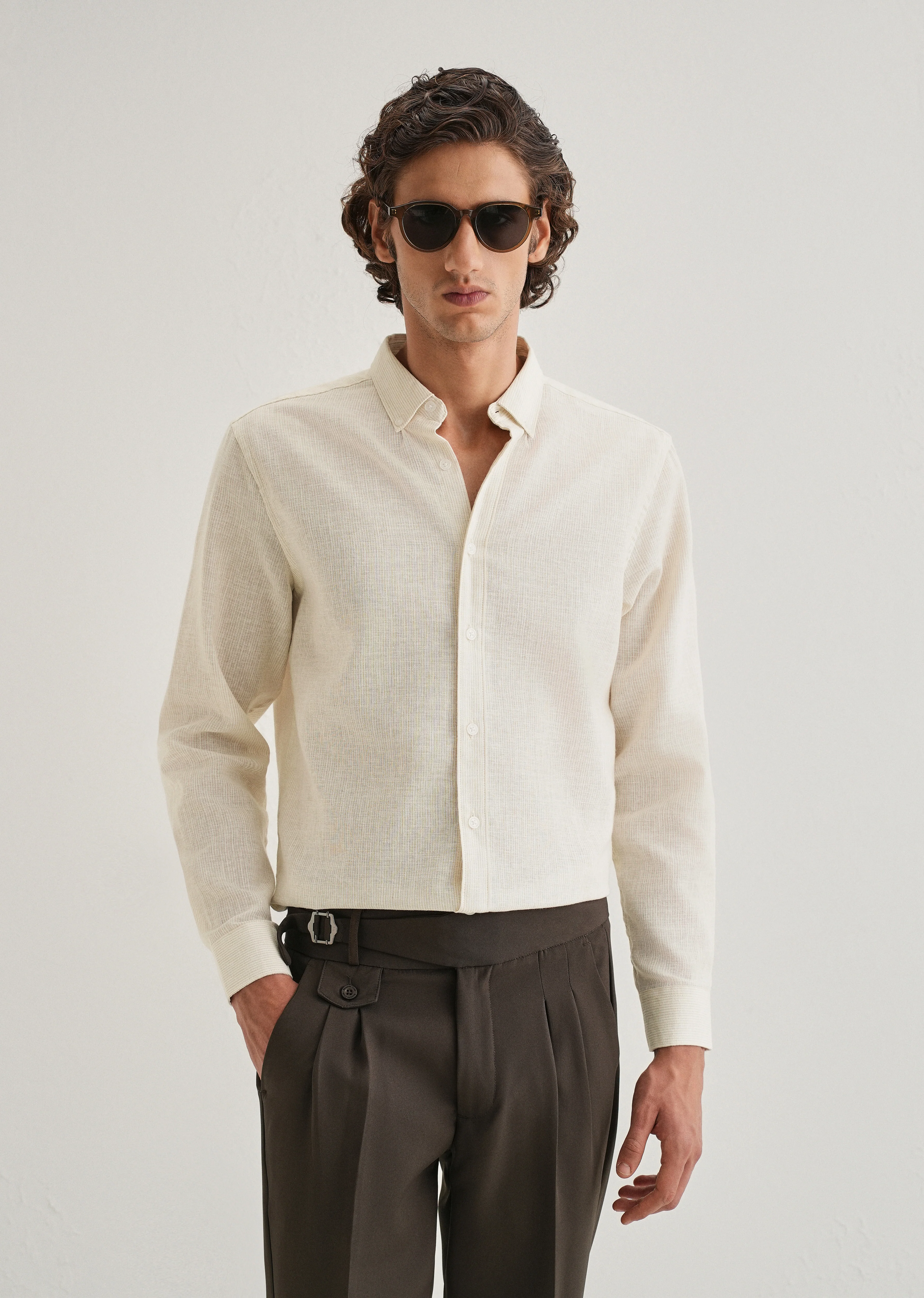 Beige Micro Striped Blended Linen Shirt - Image 2