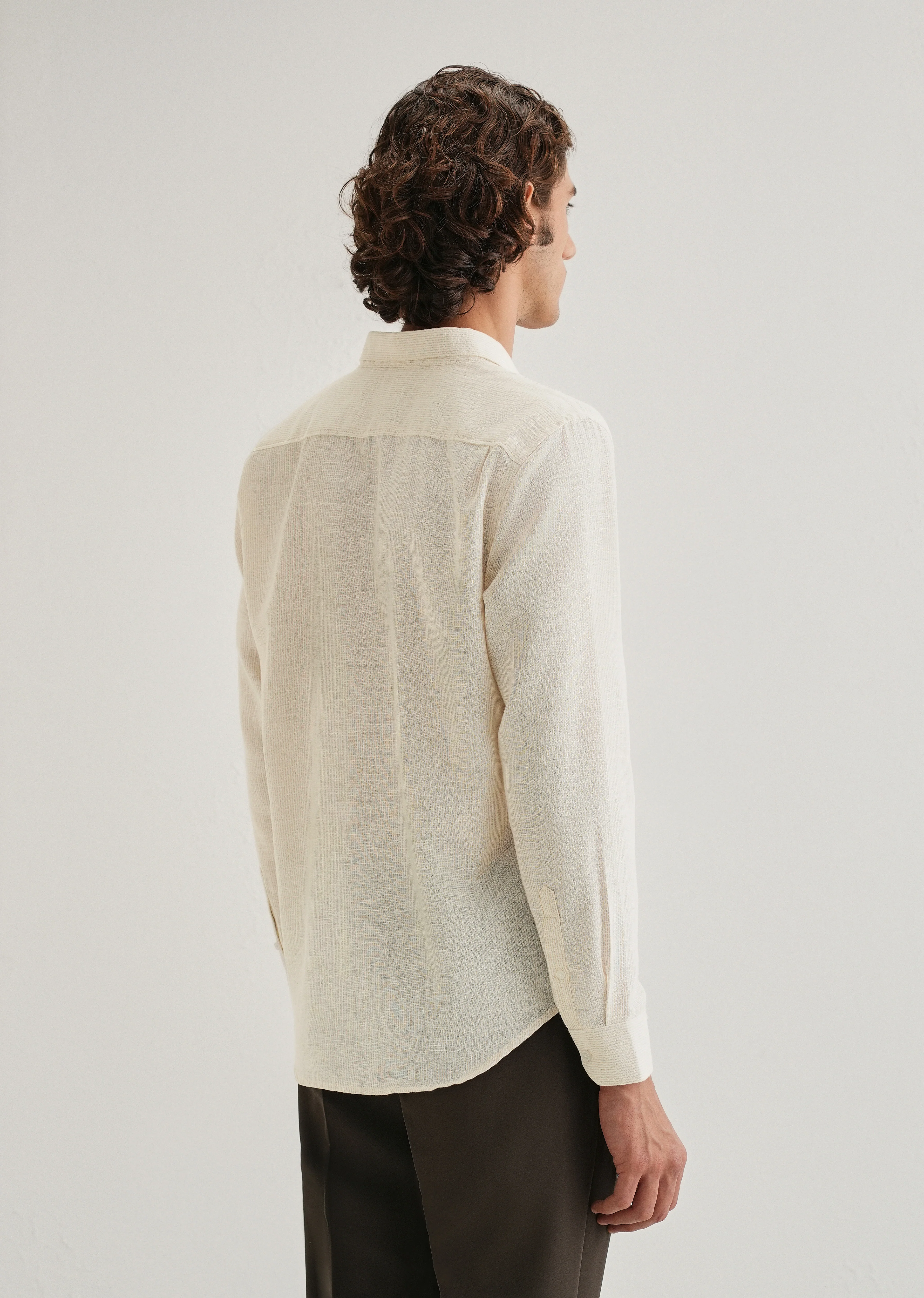 Beige Micro Striped Blended Linen Shirt - Image 3