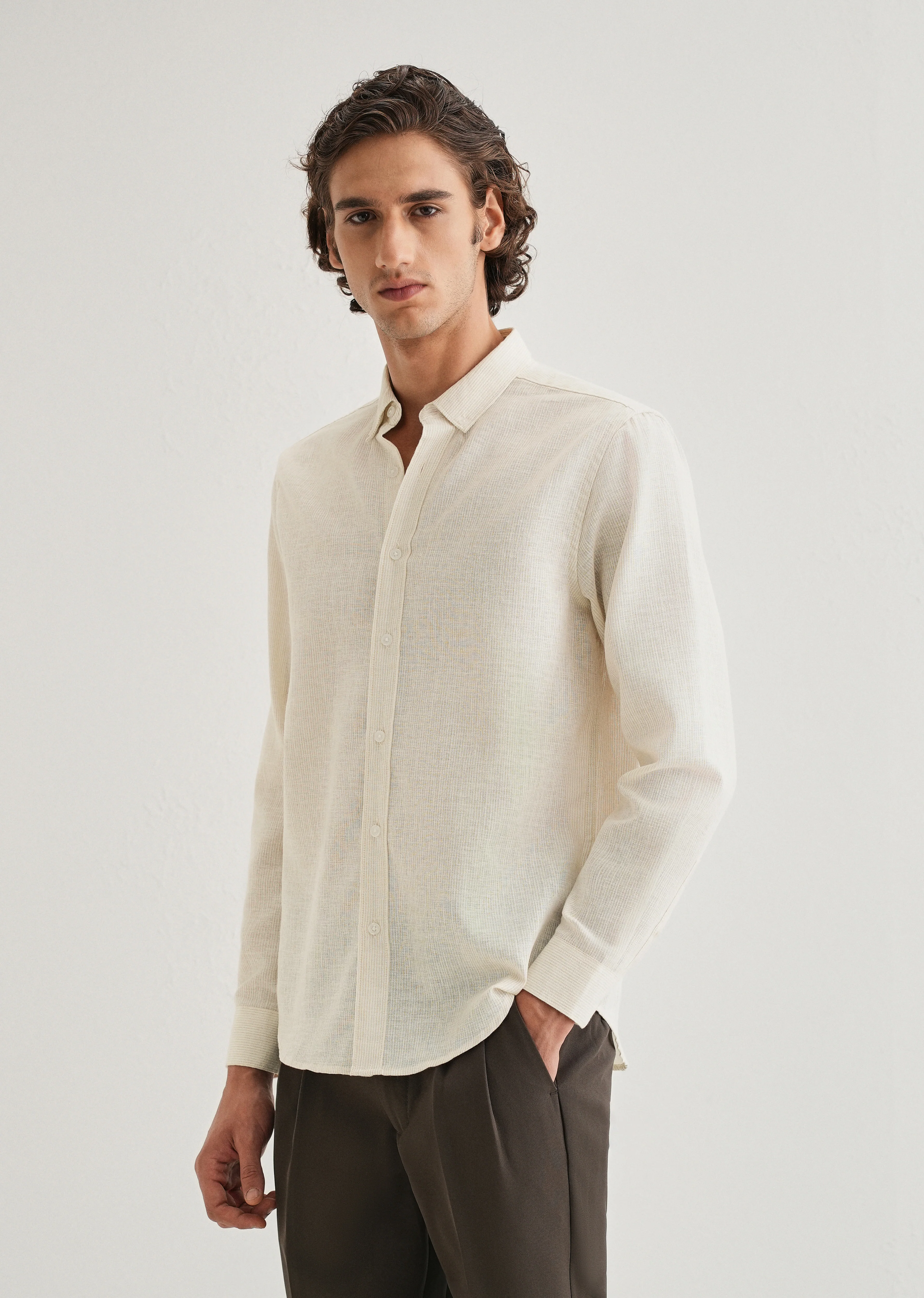 Beige Micro Striped Blended Linen Shirt - Image 5