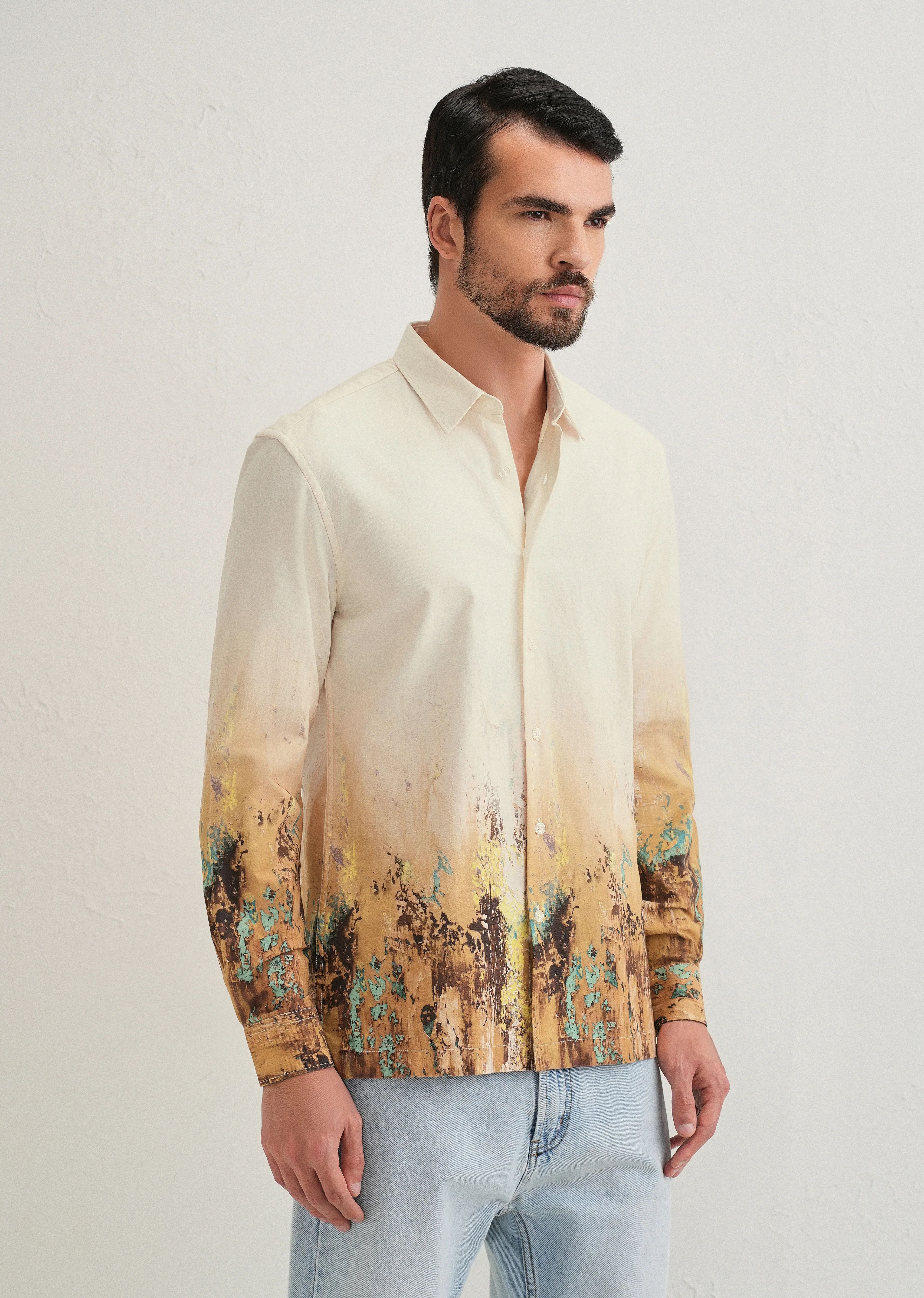 Beige Mustard Paint Printed Shirt - Image 4