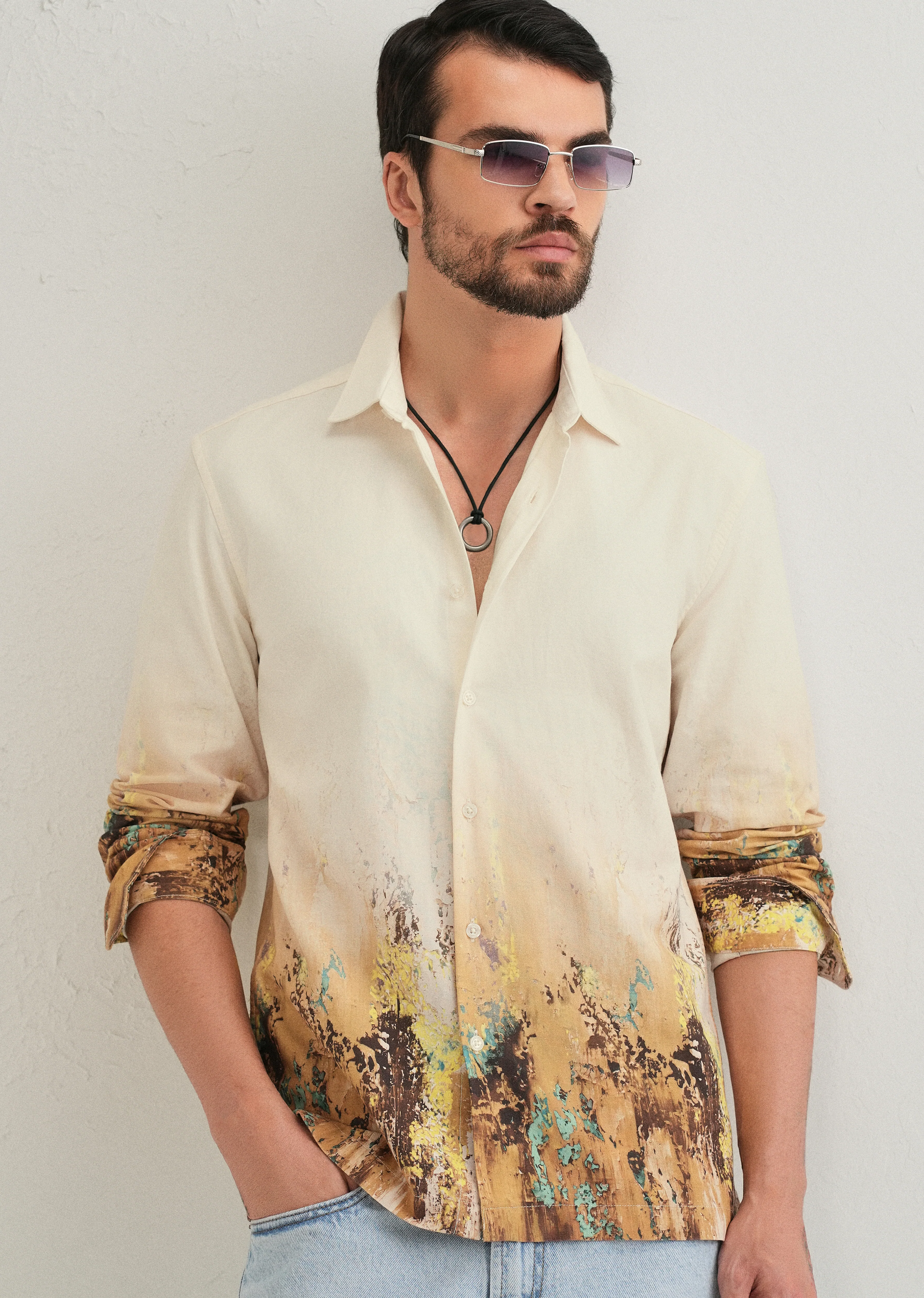 Beige Mustard Paint Printed Shirt - Image 7