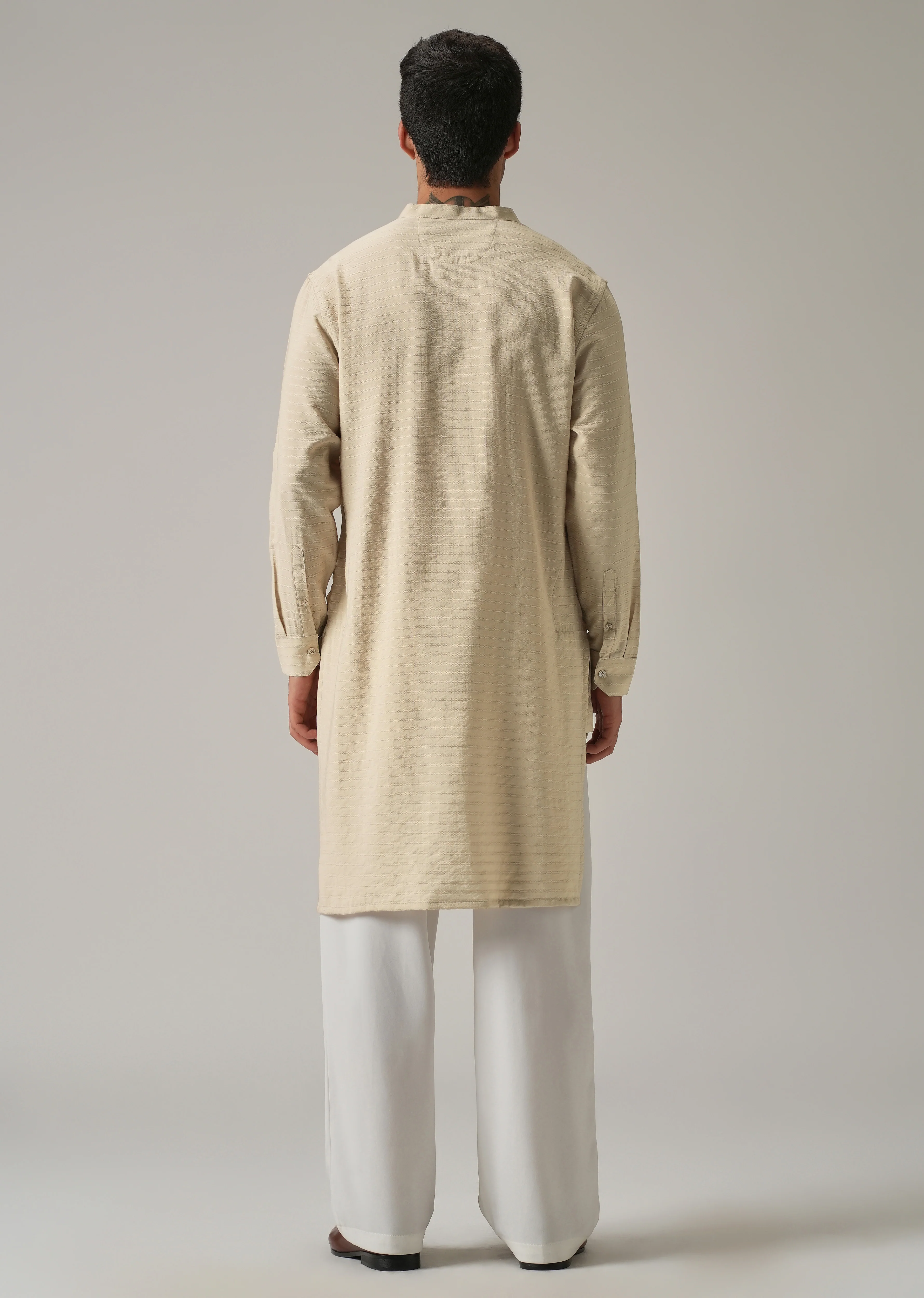 Beige Nylon Self Stripe Kurta - Image 2