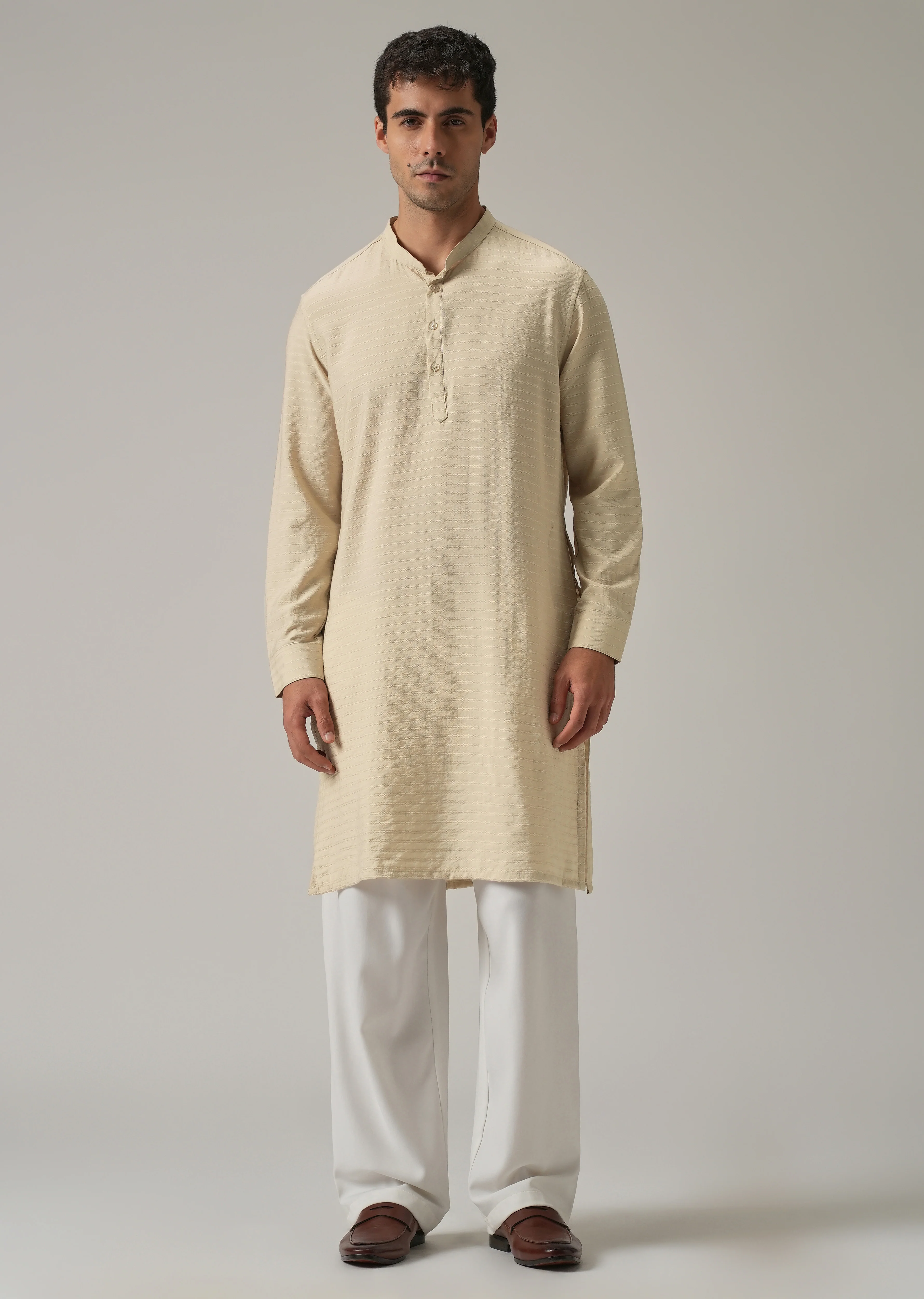 Beige Nylon Self Stripe Kurta - Image 3