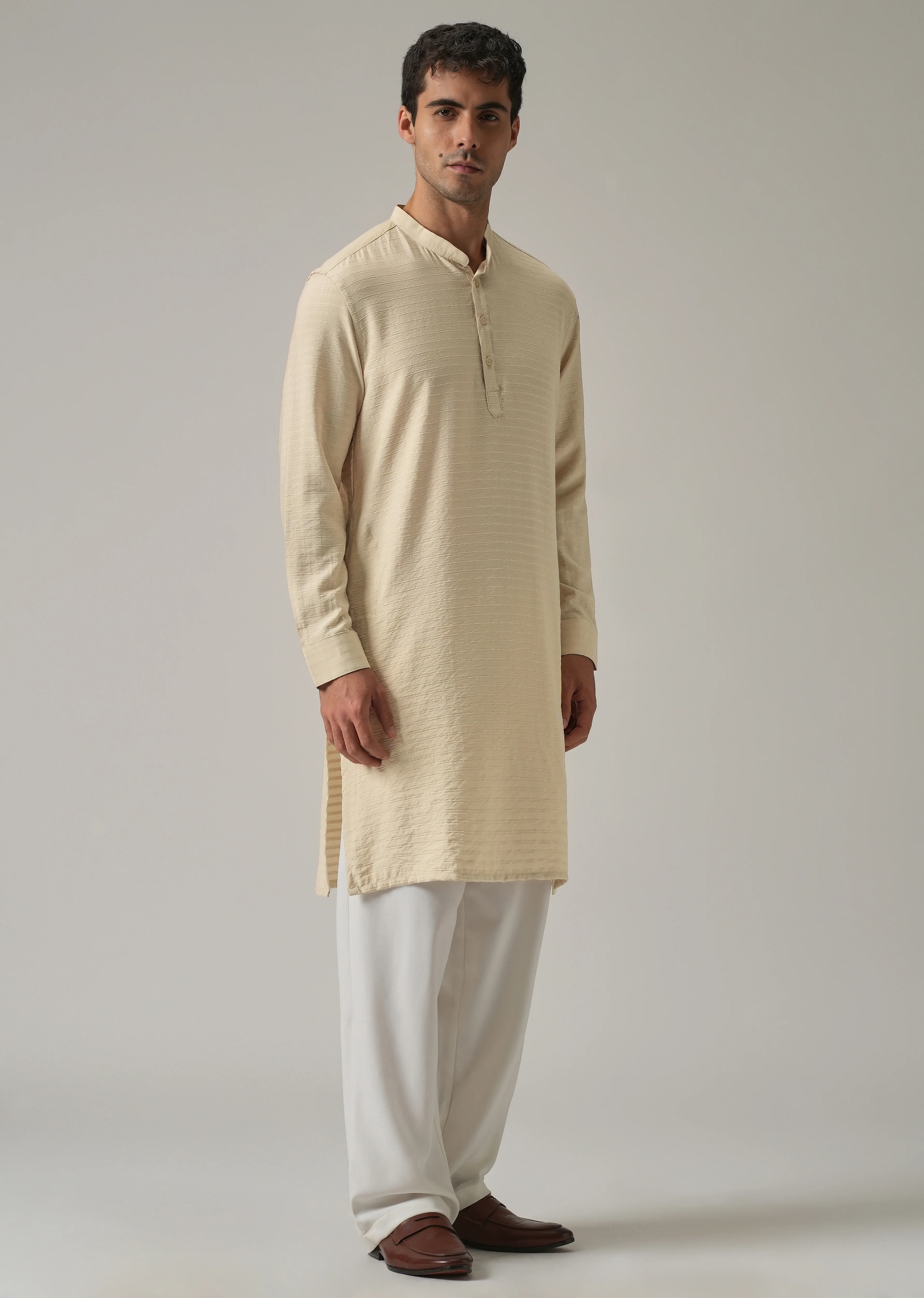 Beige Nylon Self Stripe Kurta - Image 4