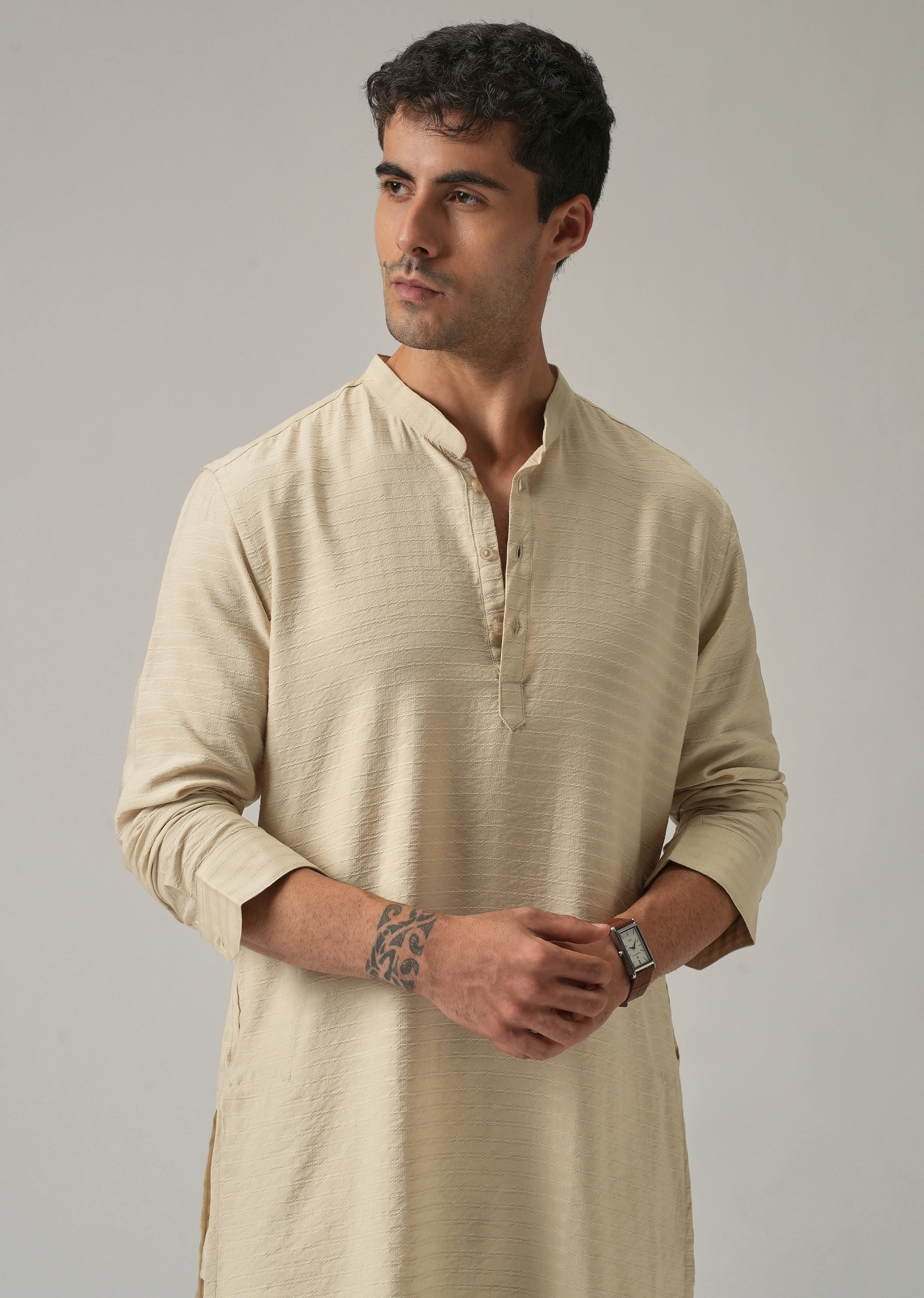 Beige Nylon Self Stripe Kurta - Image 6