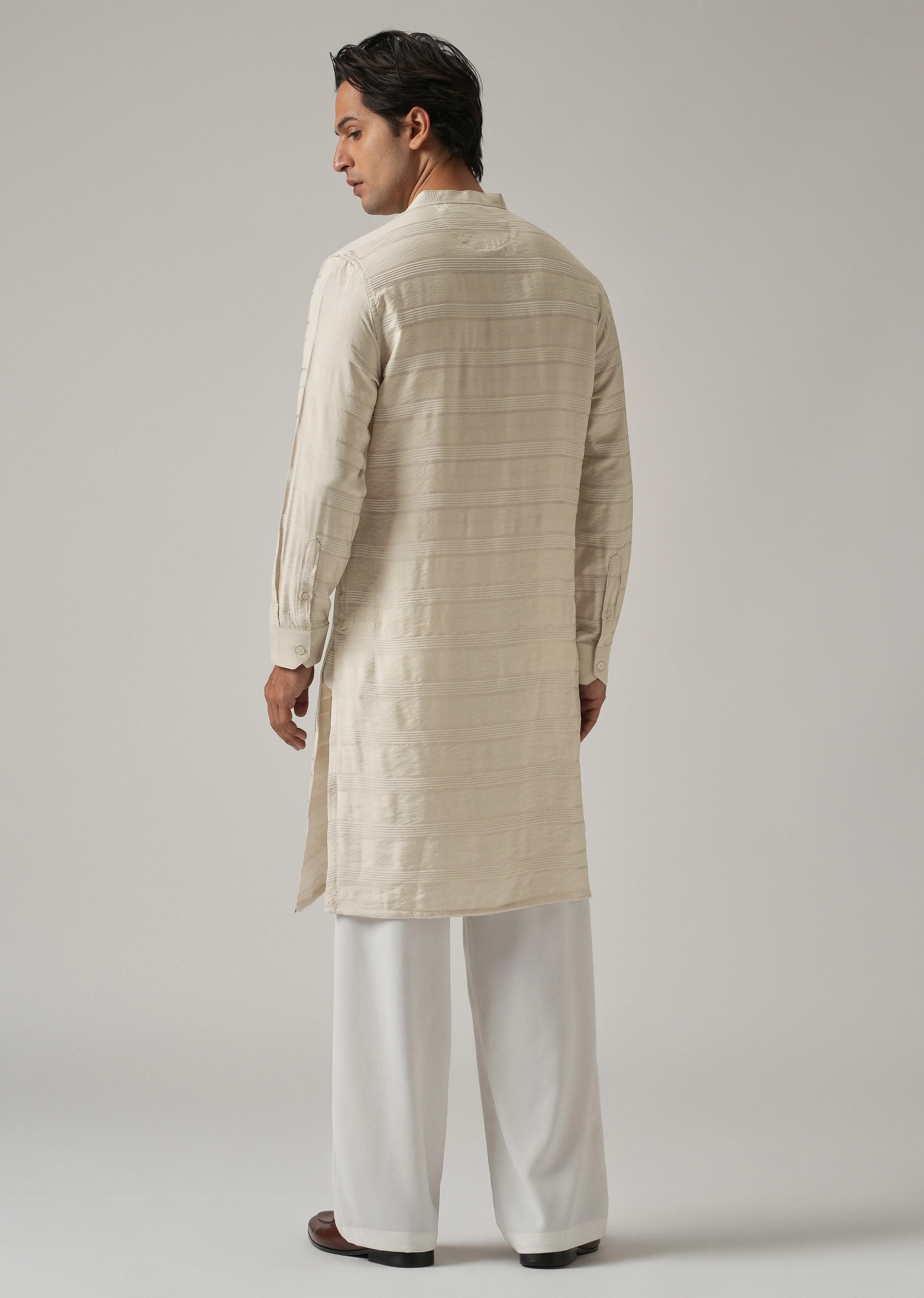 Beige Nylon Subtle Stripe Kurta - Image 2