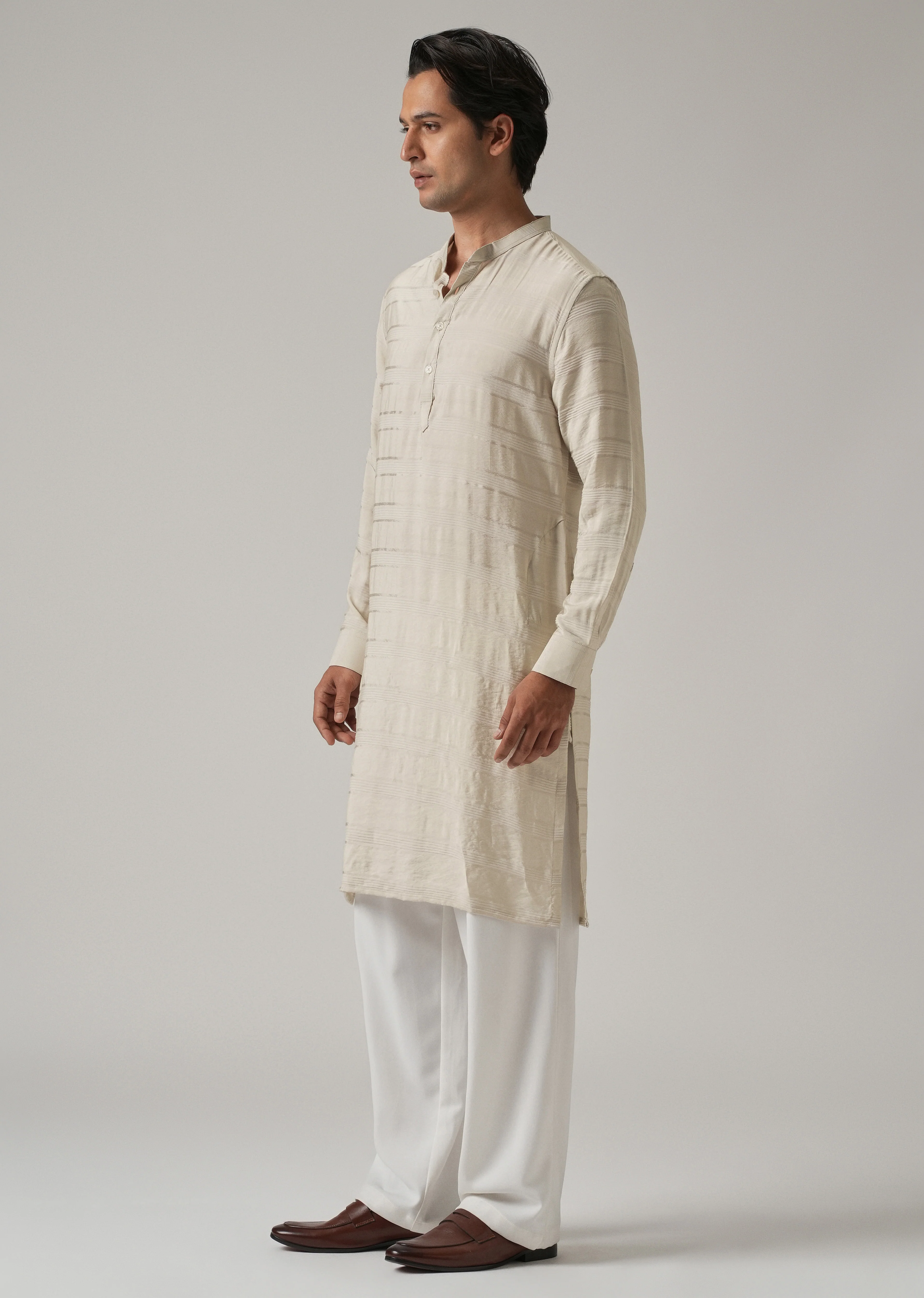 Beige Nylon Subtle Stripe Kurta - Image 4