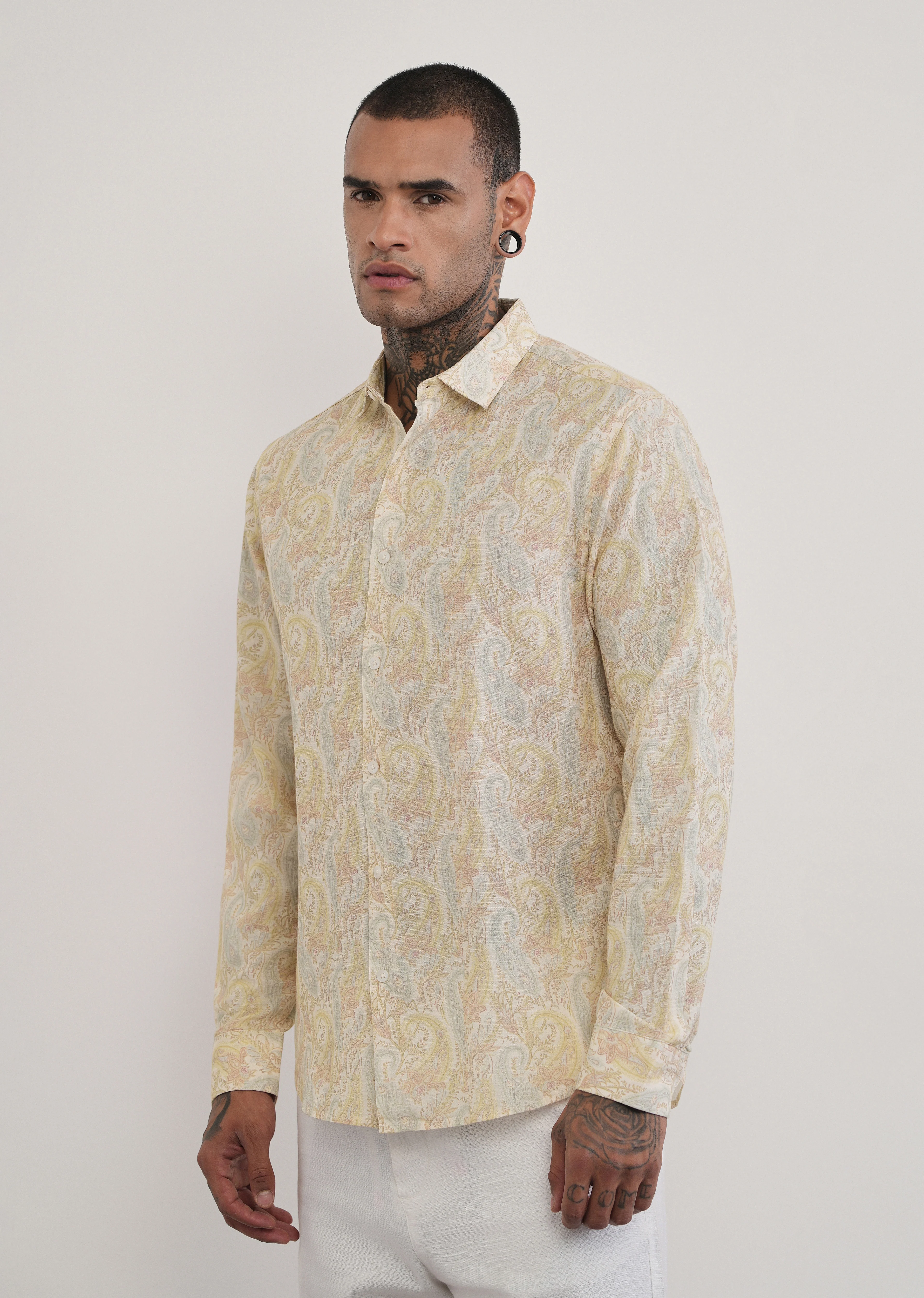 Beige Paisley Print Cotton Linen Shirt - Image 4