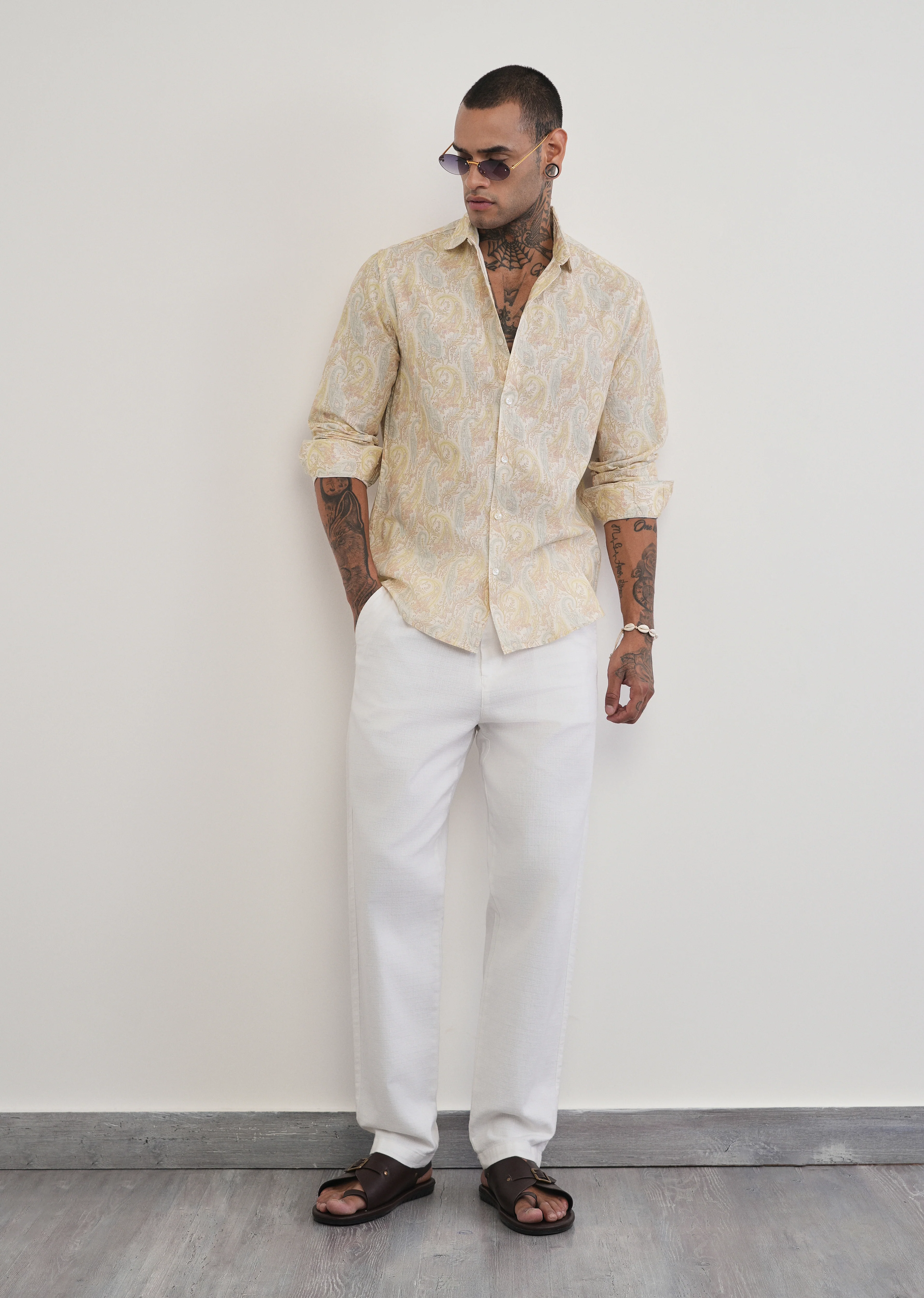 Beige Paisley Print Cotton Linen Shirt - Image 6