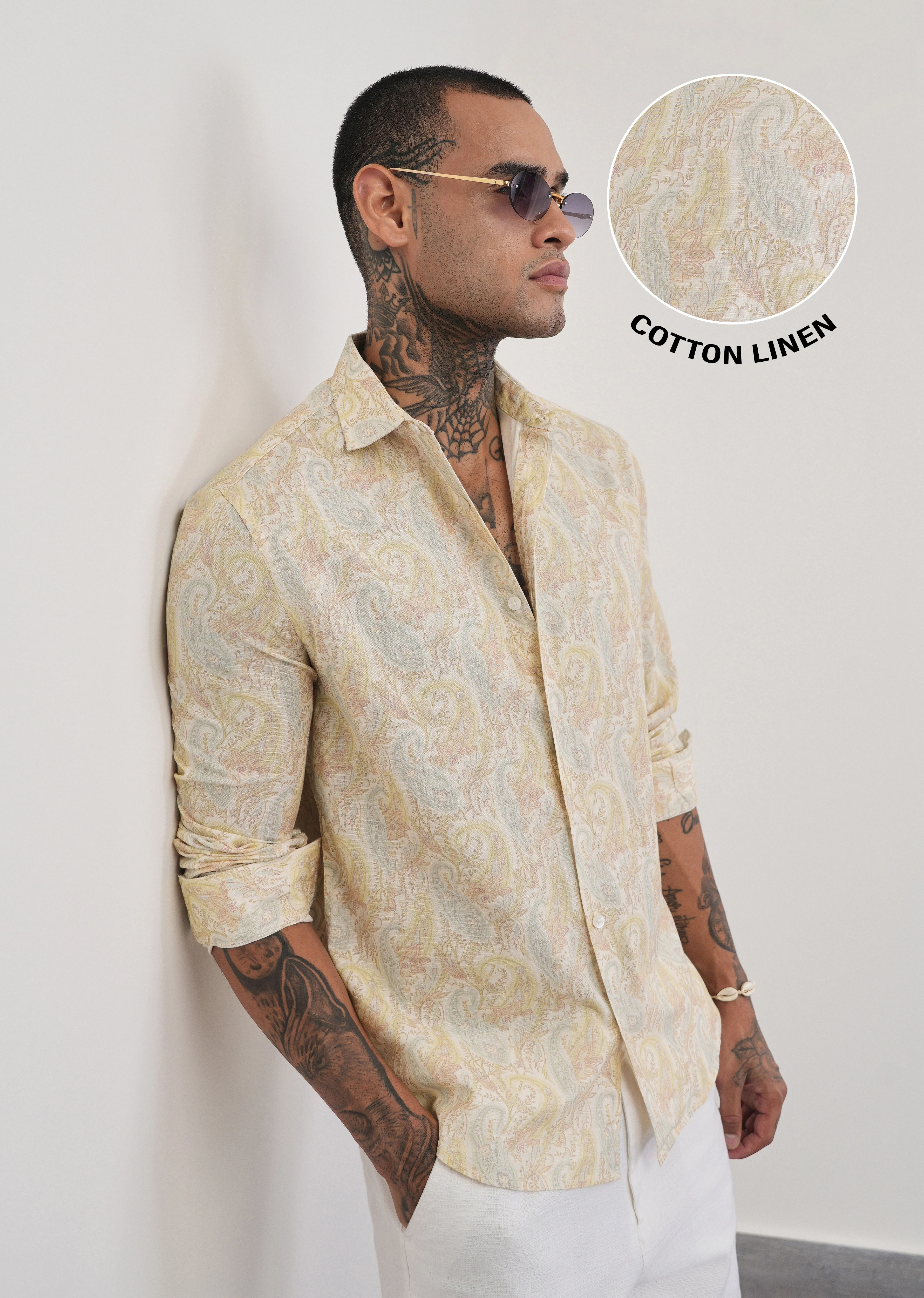 Beige Paisley Print Cotton Linen Shirt - Image 7