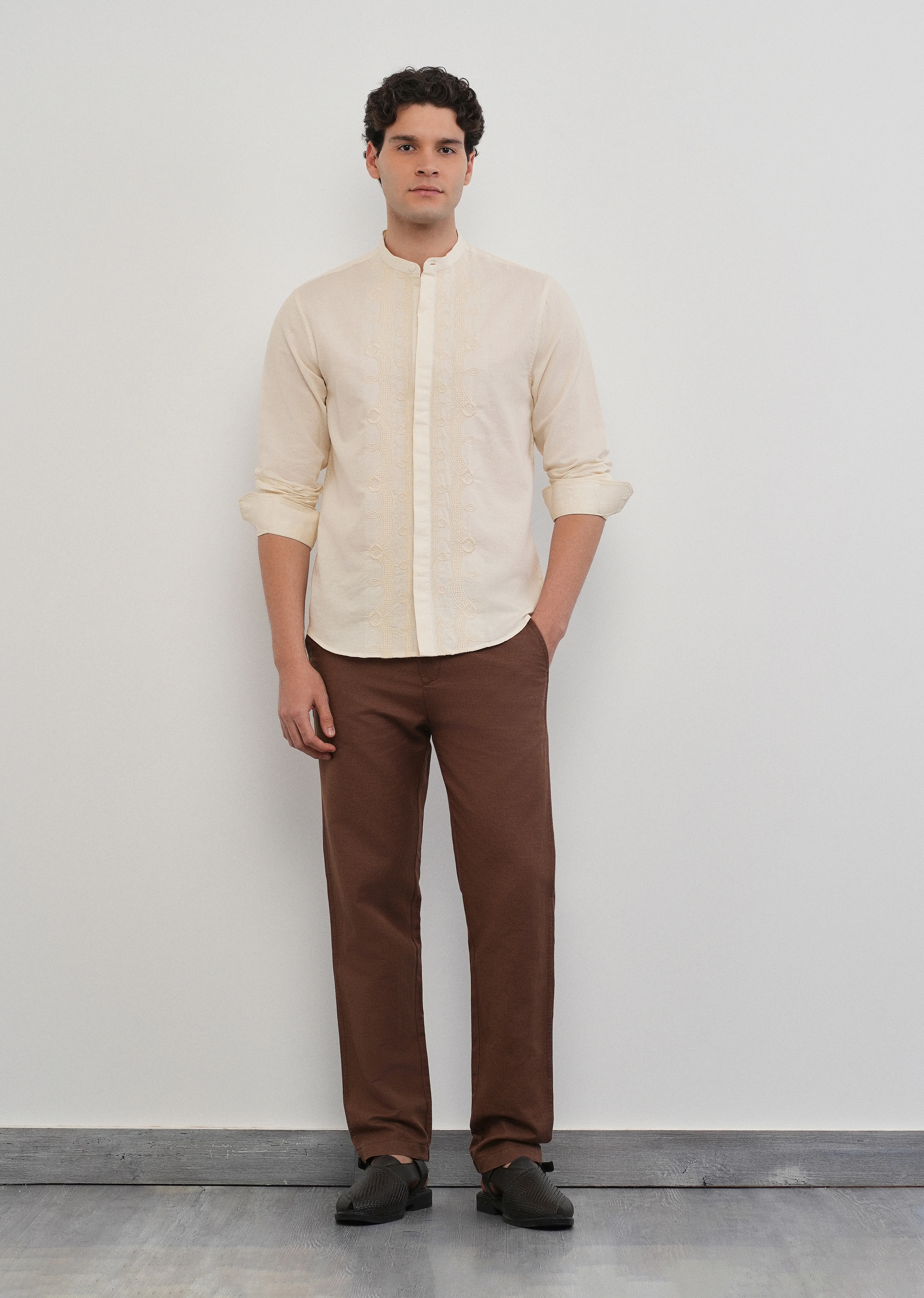 Beige Panel Embroidery Shirt - Image 6