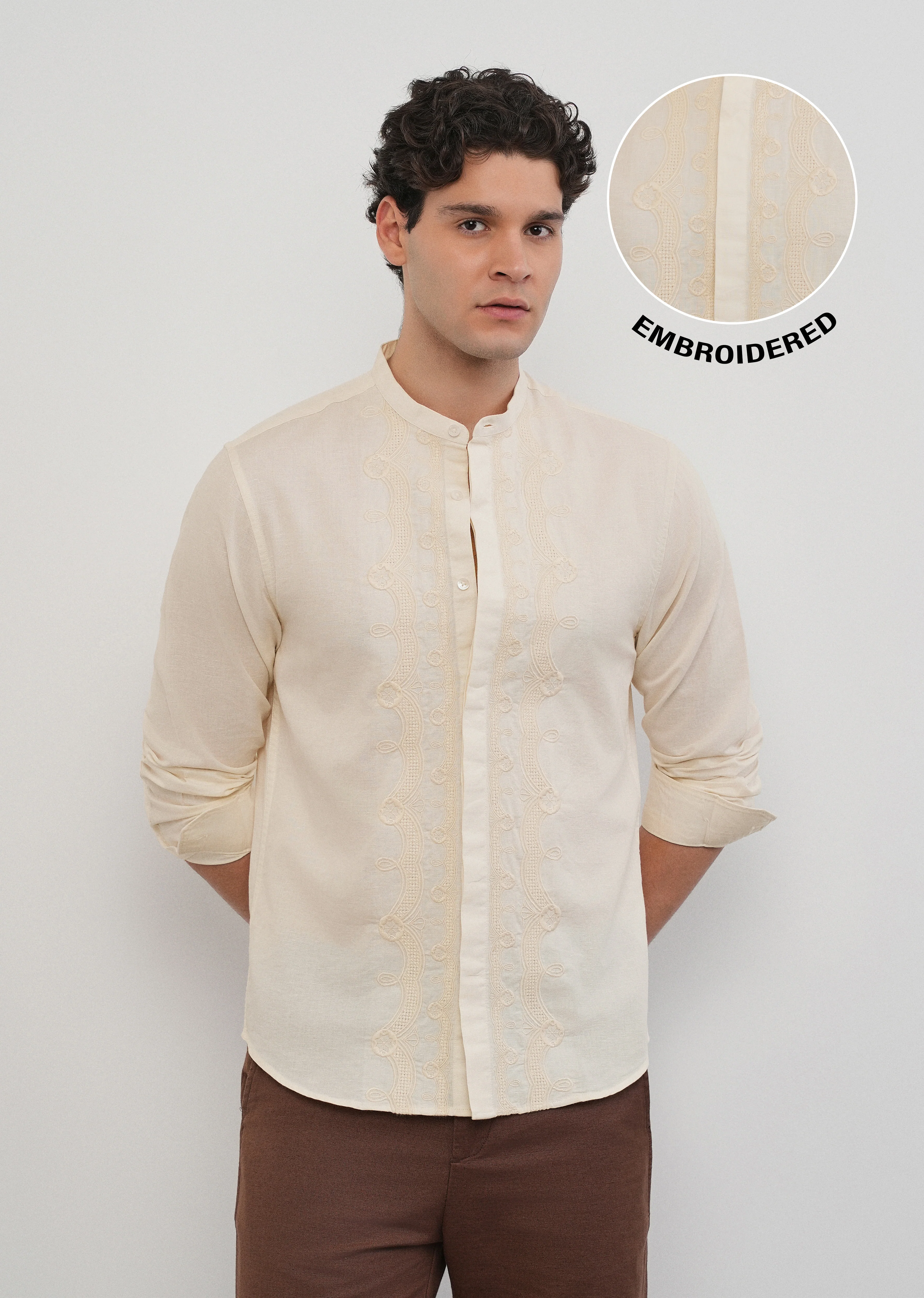 Beige Panel Embroidery Shirt - Image 7