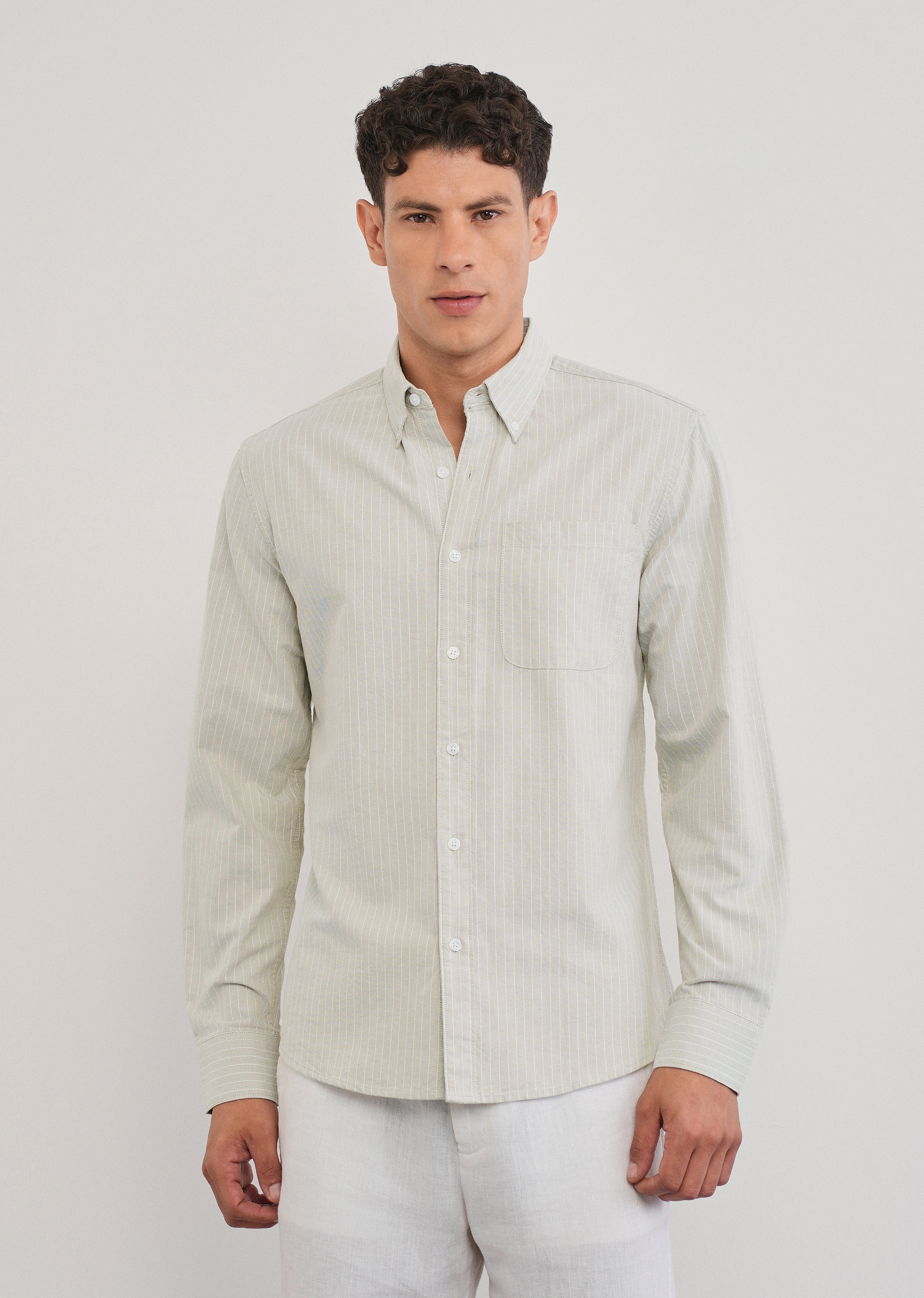 Beige Pinstripe Cotton Shirt - Image 3