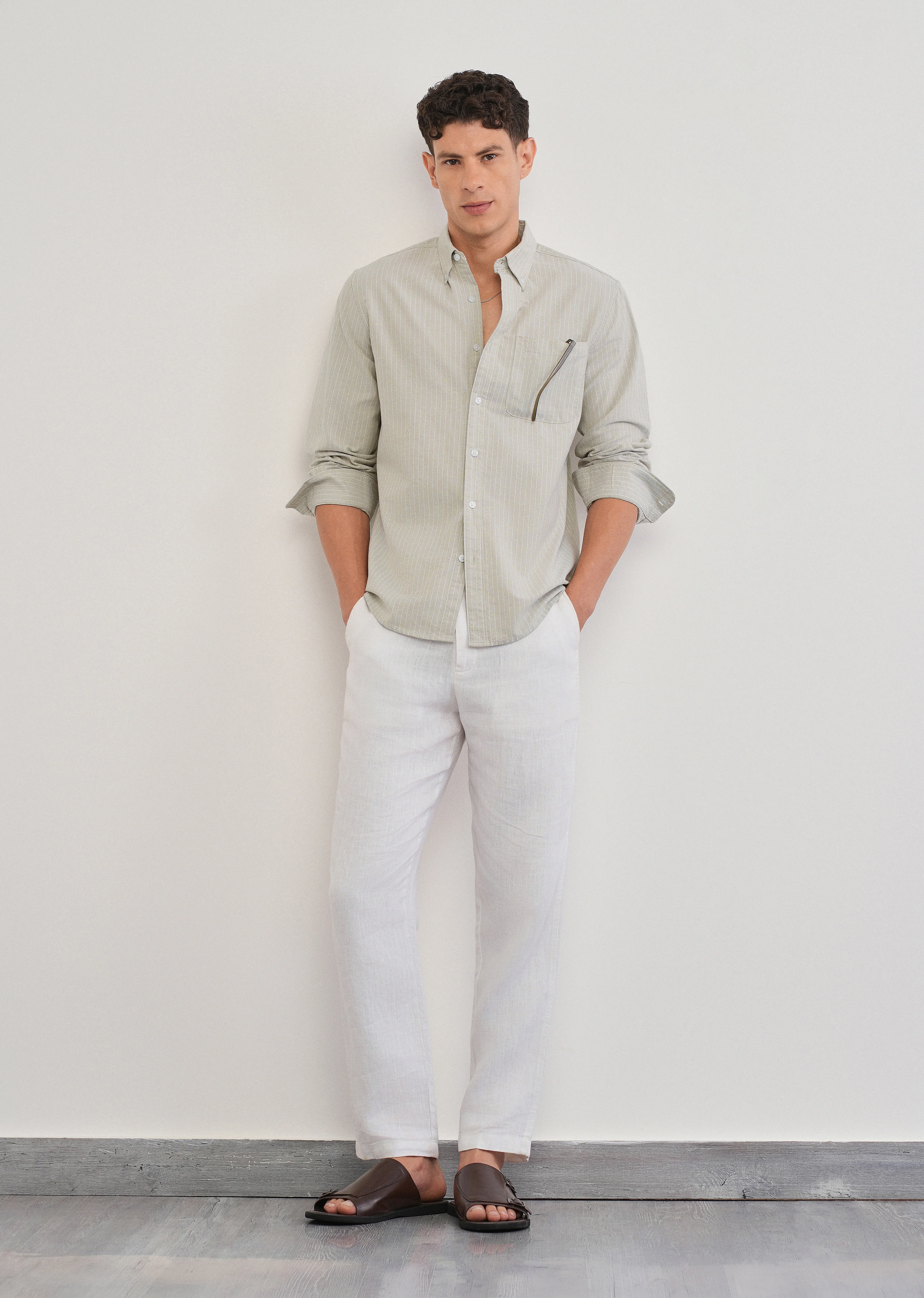 Beige Pinstripe Cotton Shirt - Image 6