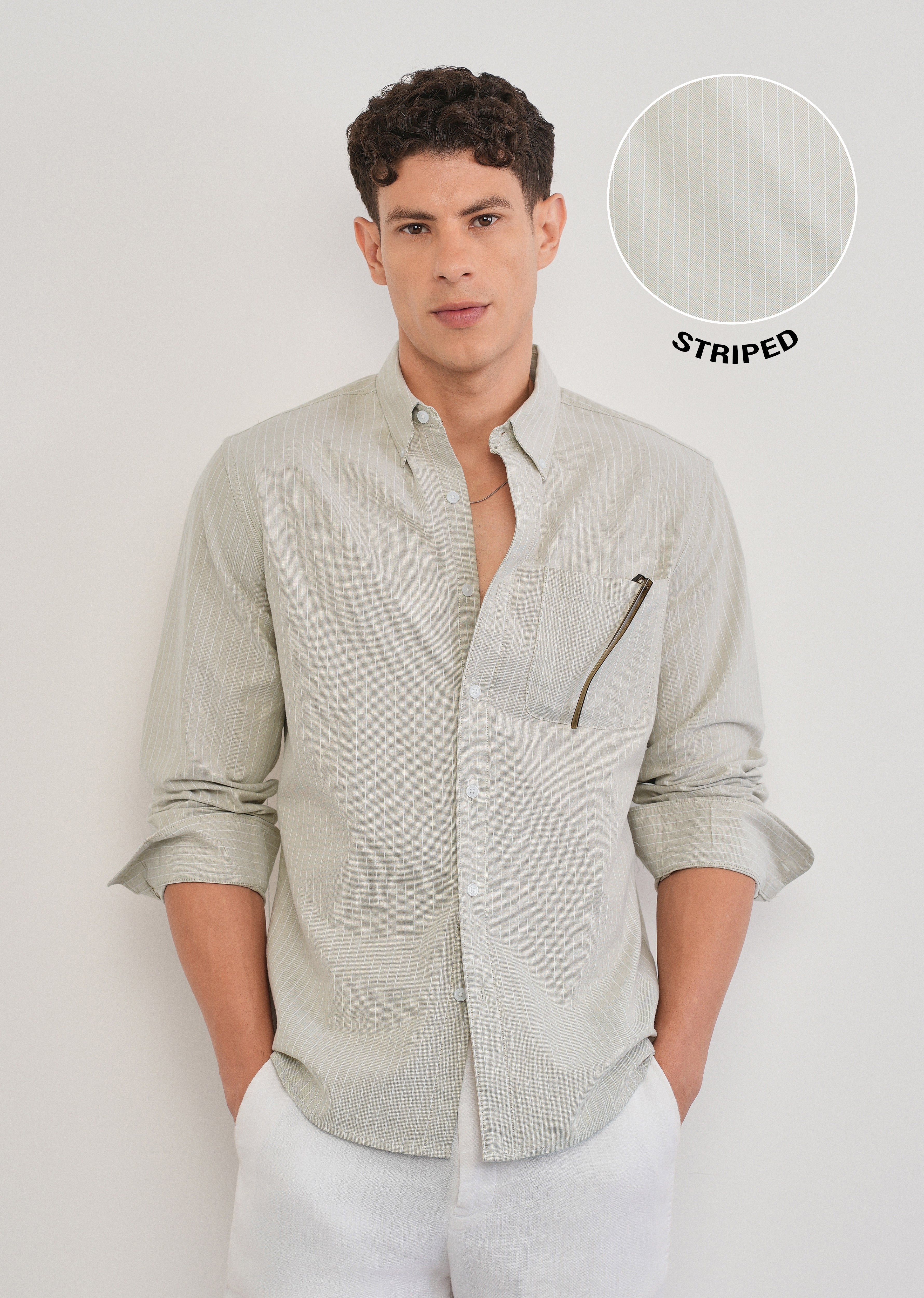 Beige Pinstripe Cotton Shirt - Image 7