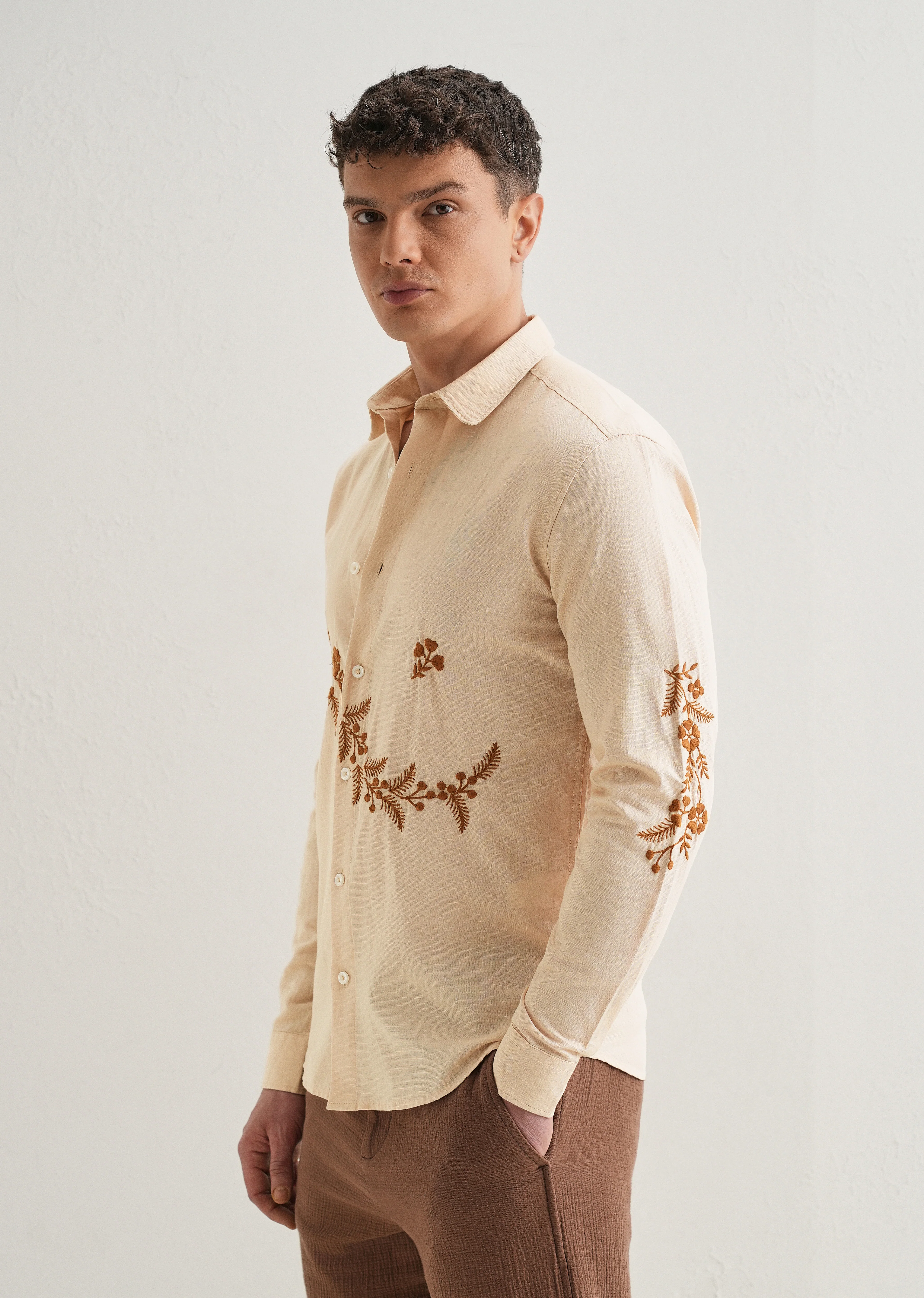 Beige Placement Embroidery Shirt - Image 4