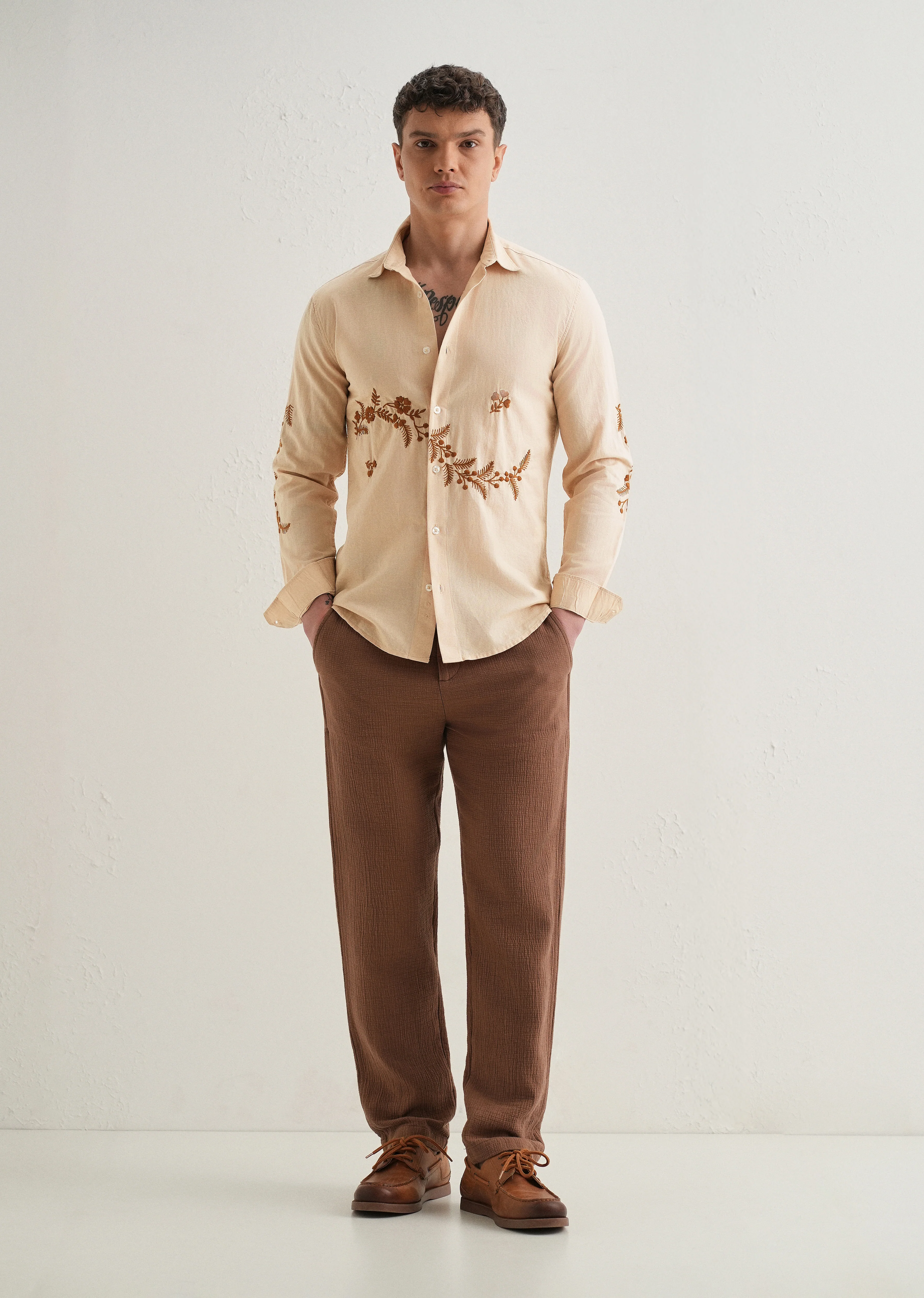 Beige Placement Embroidery Shirt - Image 7