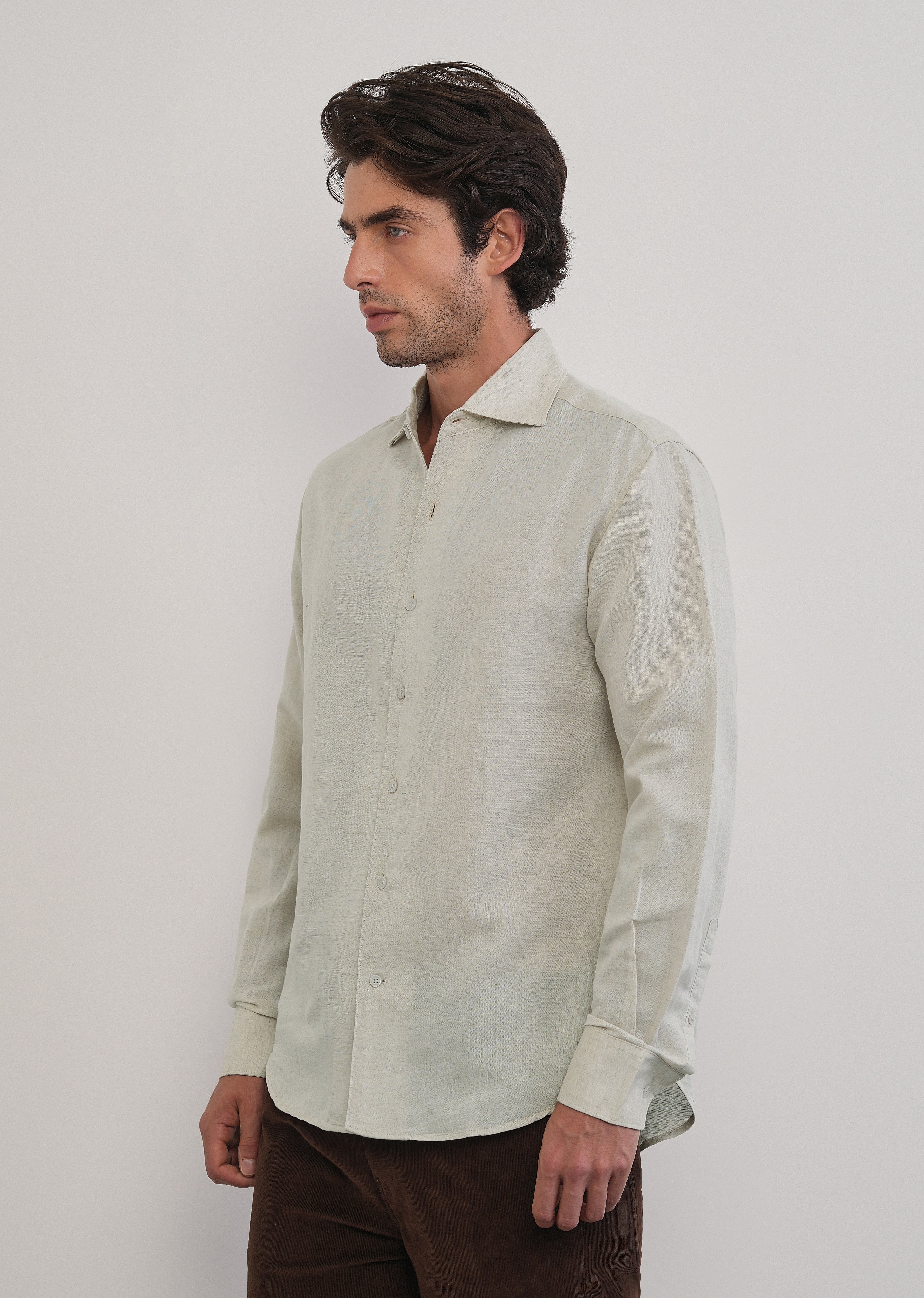 Beige Plain Cotton Linen Shirt - Image 4