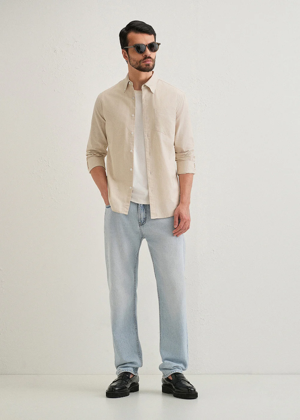 Beige Plain Cotton Oxford Shirt - Image 6