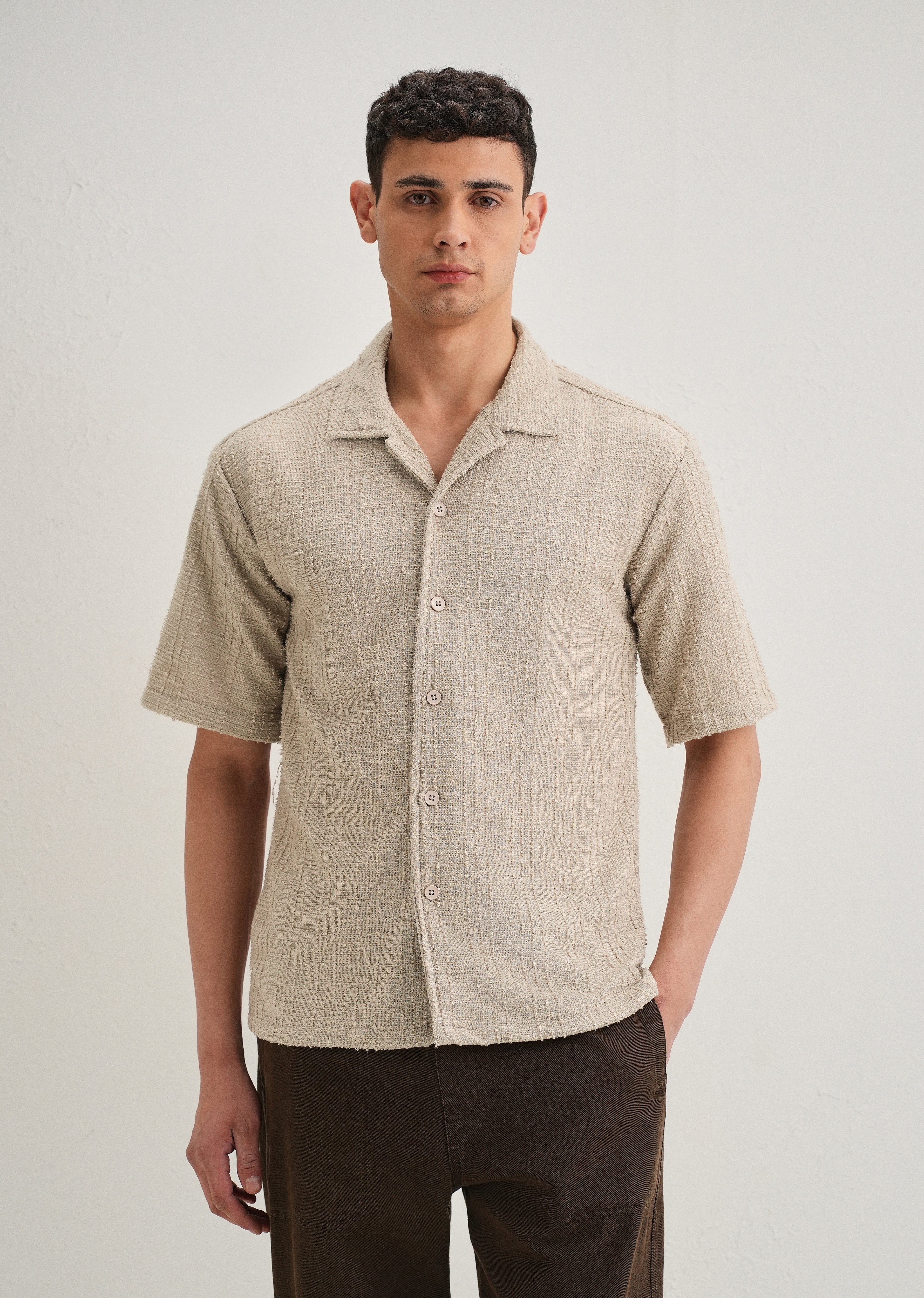 Beige Plain Cuban Collar Knitted Shirt - Image 3