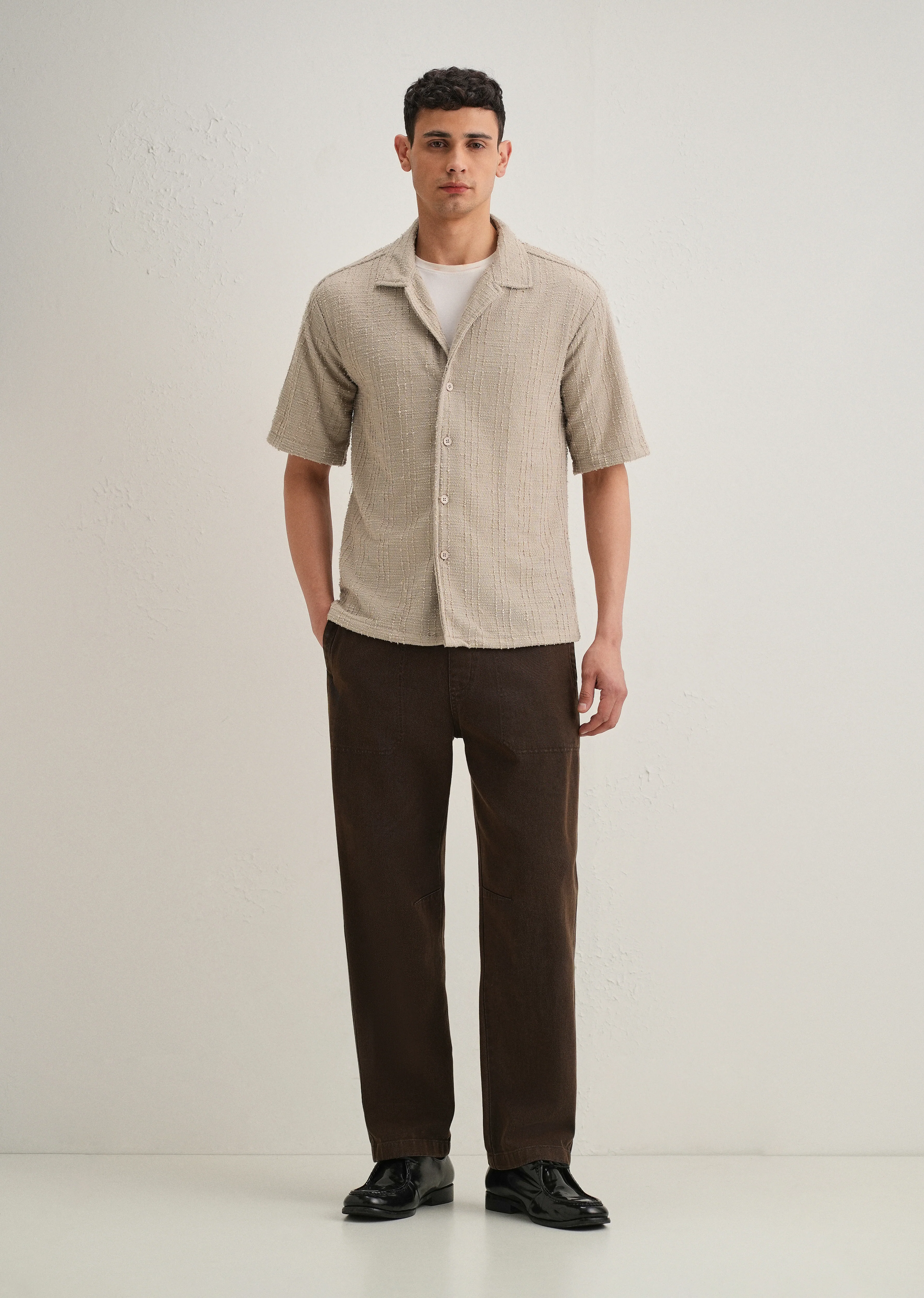 Beige Plain Cuban Collar Knitted Shirt - Image 6