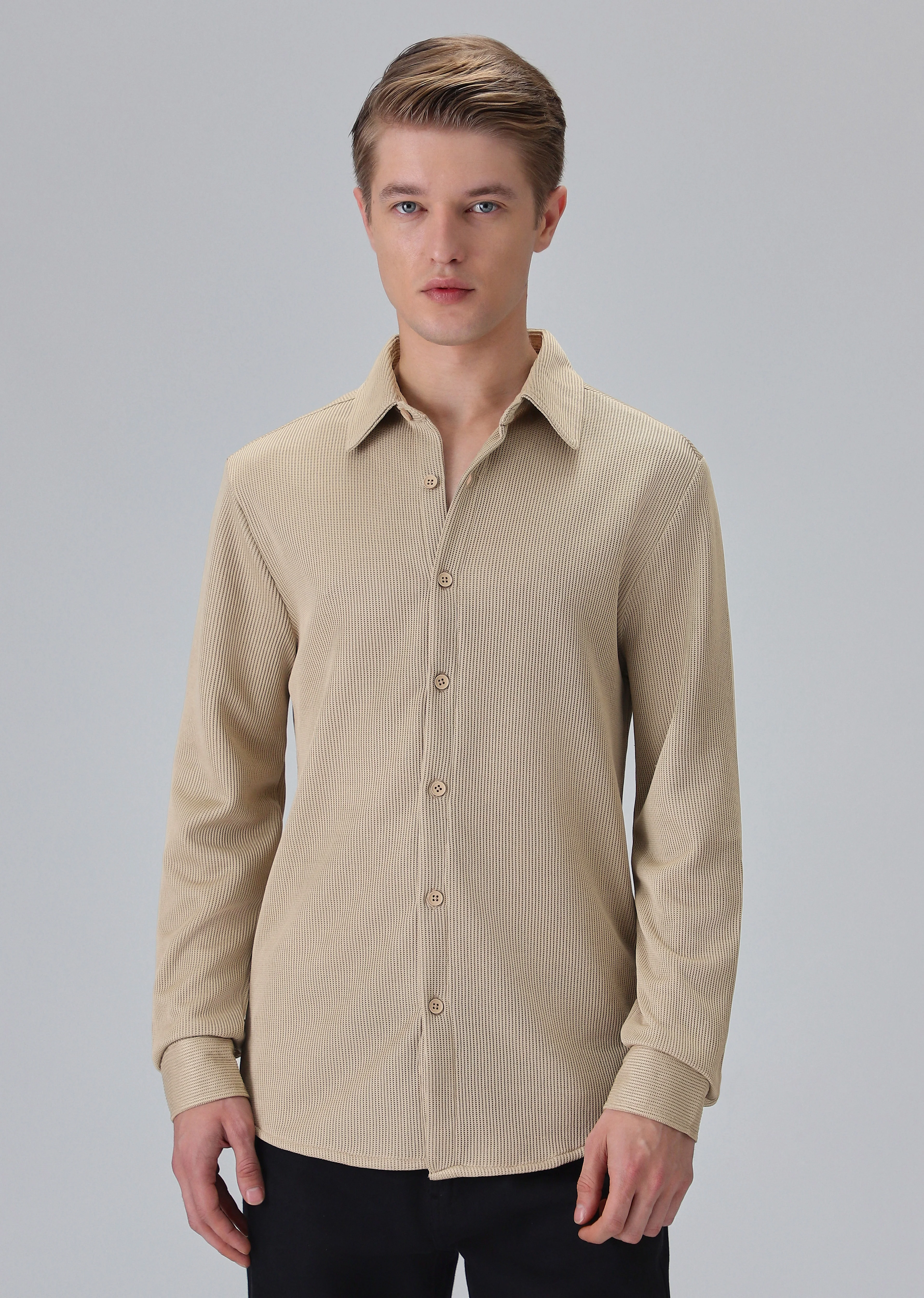 Beige Plain Knitted Shirt - Image 3