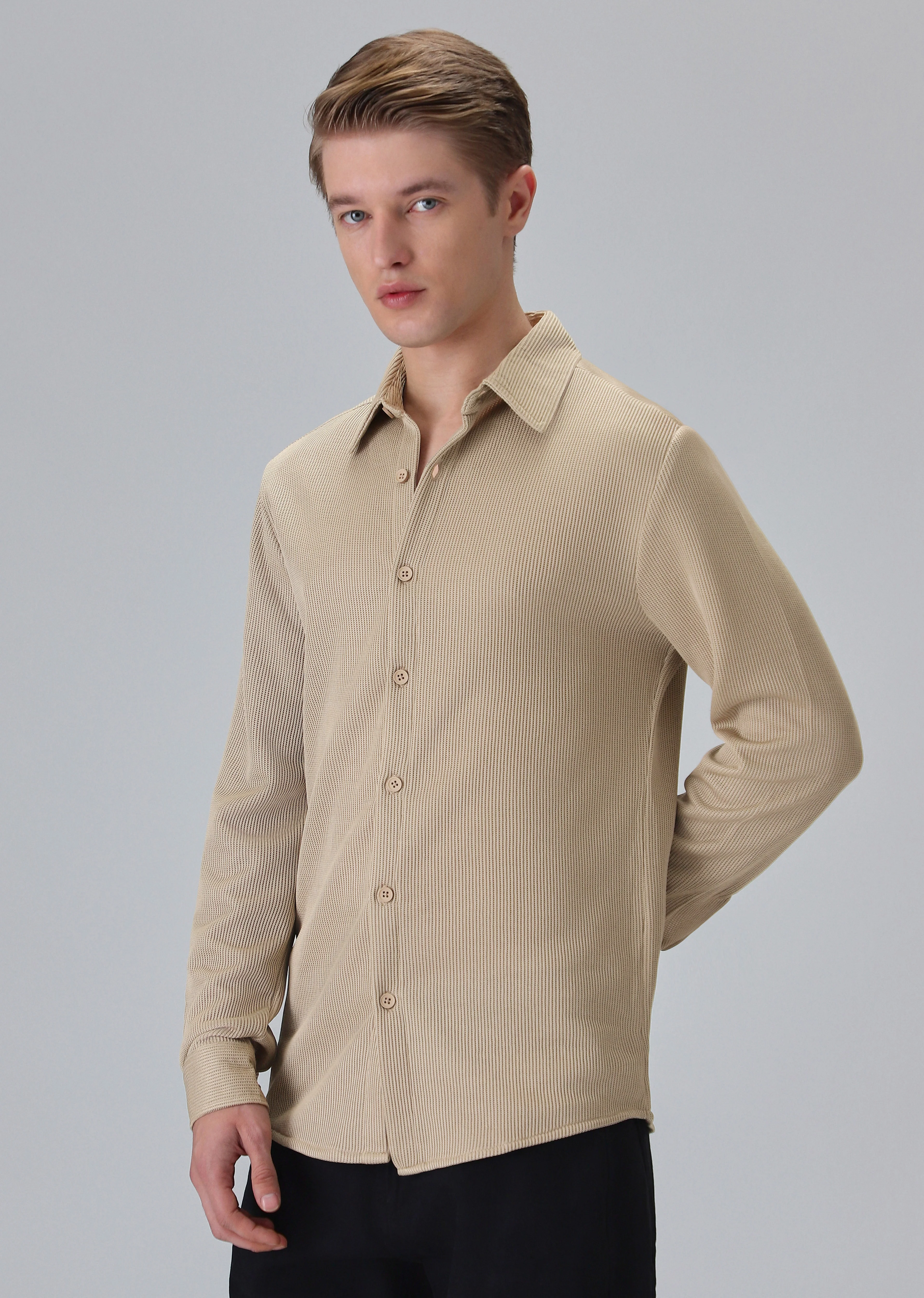 Beige Plain Knitted Shirt - Image 4