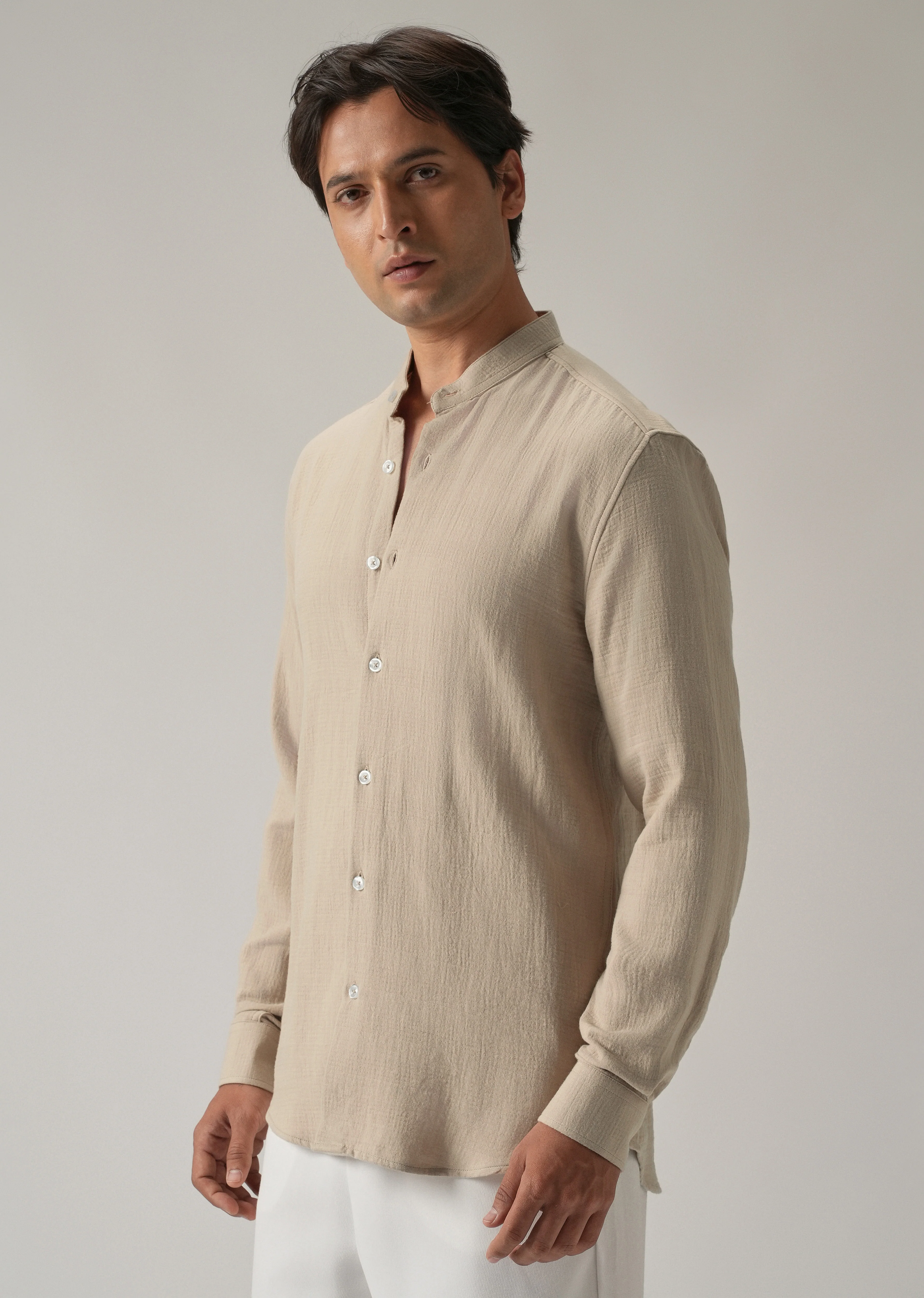 Beige Plain Mandarin Collar Cotton Shirt - Image 4