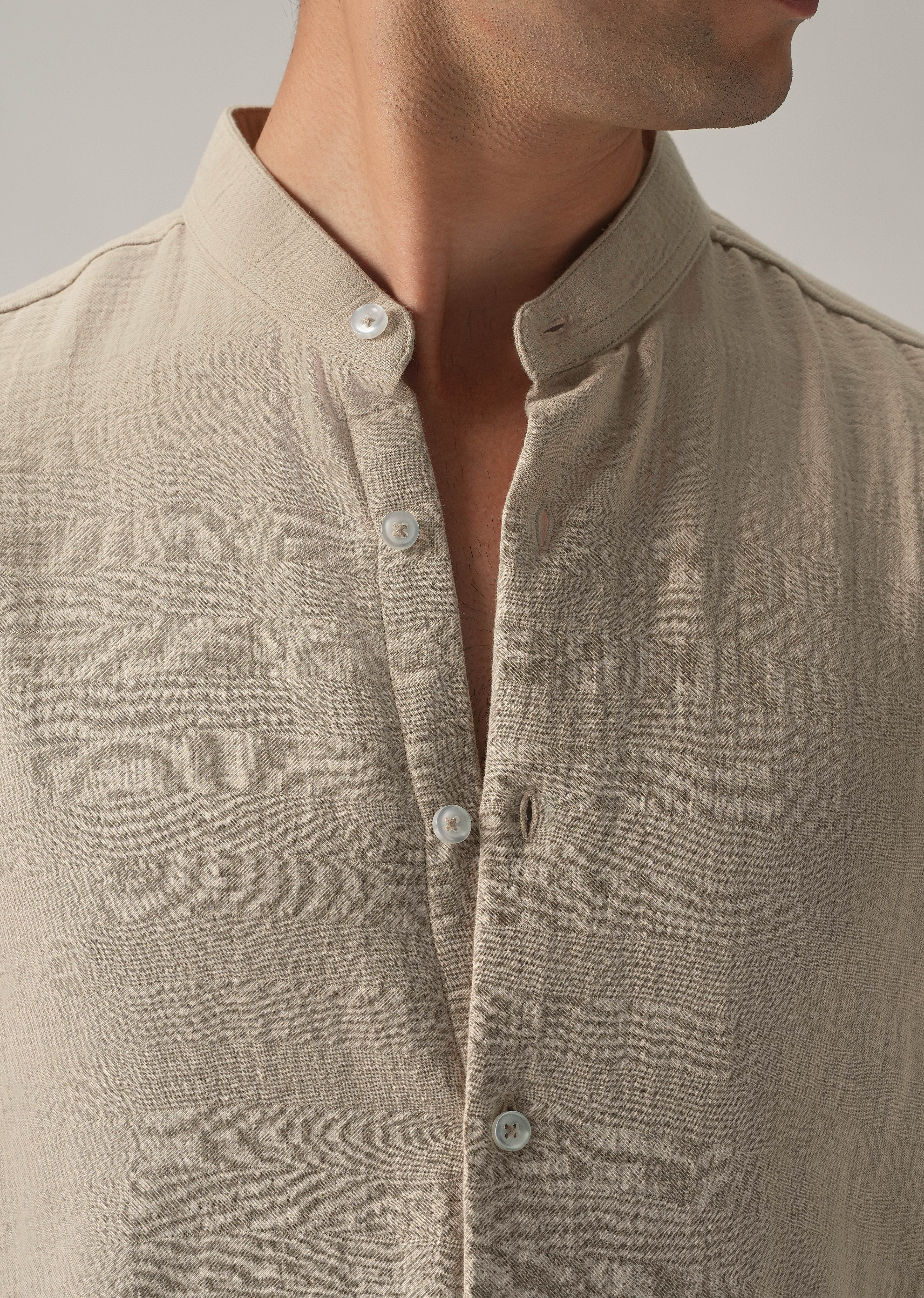 Beige Plain Mandarin Collar Cotton Shirt - Image 5