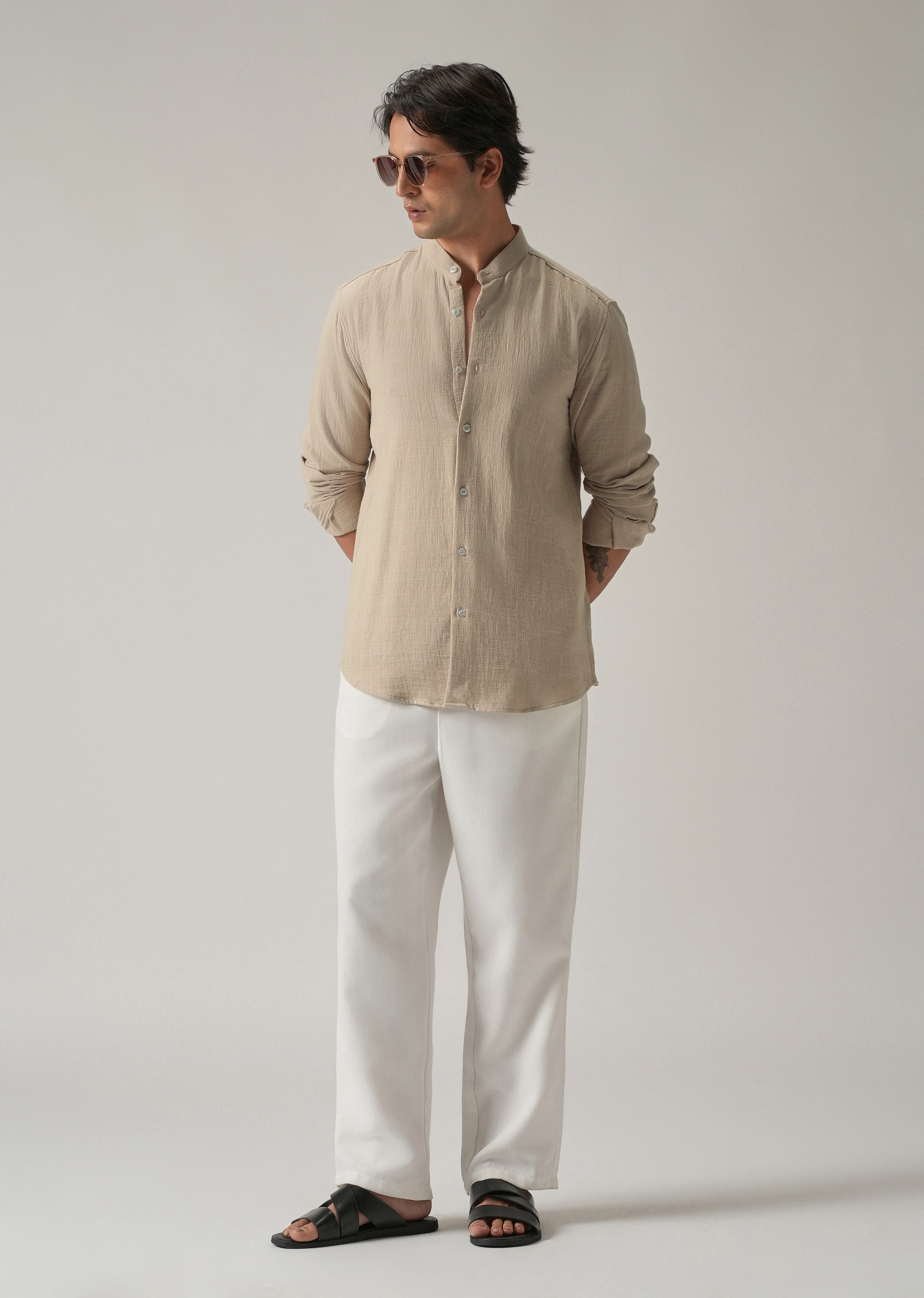 Beige Plain Mandarin Collar Cotton Shirt - Image 6